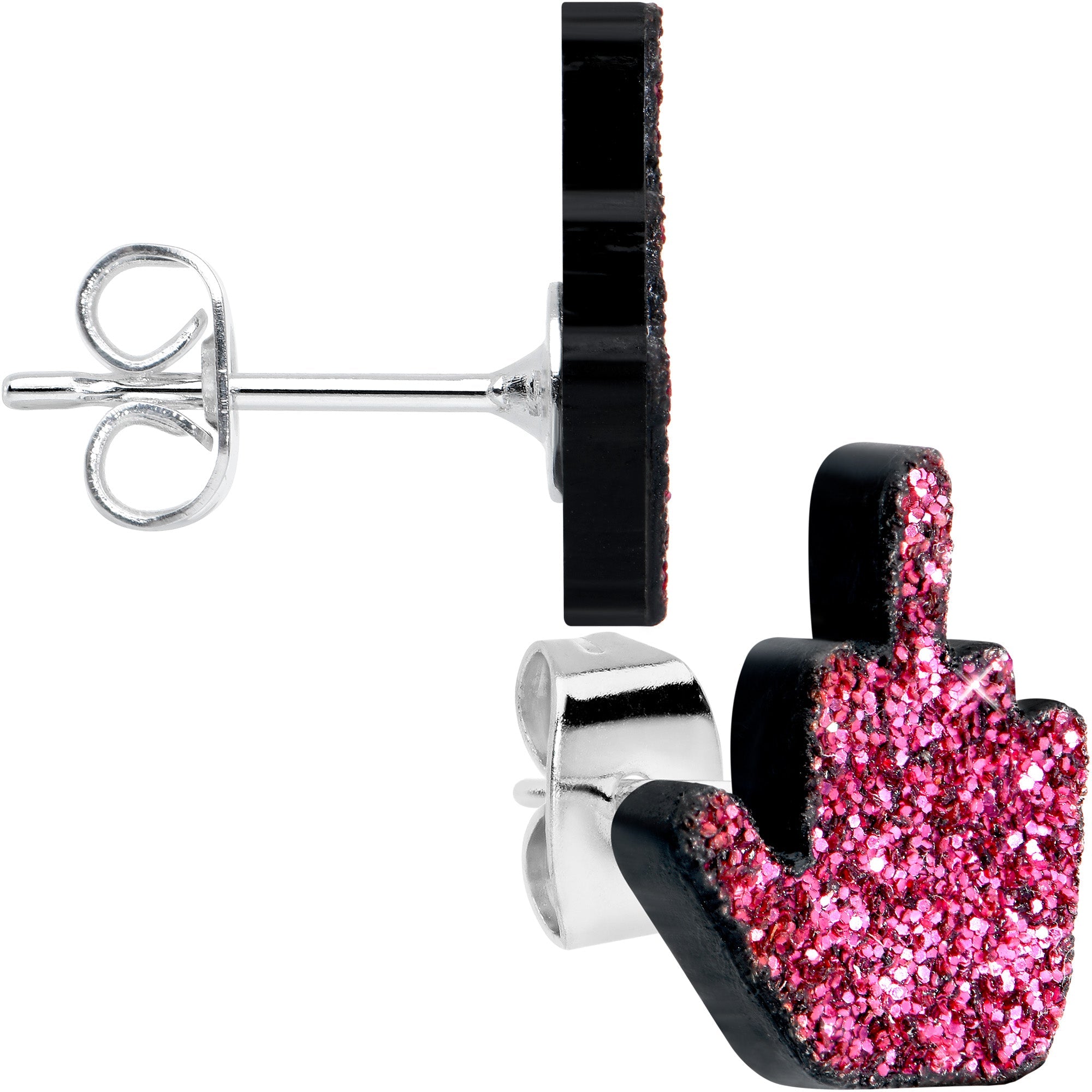 BodyCandy Pink Glitter Middle Finger Stud Earrings Set — detail close-up