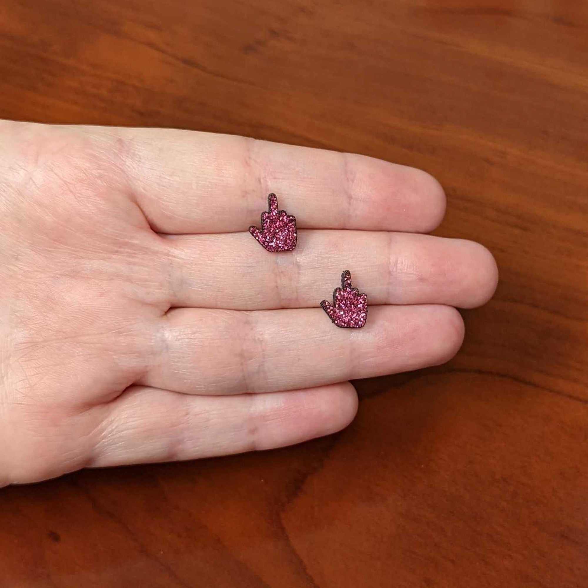 BodyCandy Pink Glitter Middle Finger Stud Earrings Set — side view