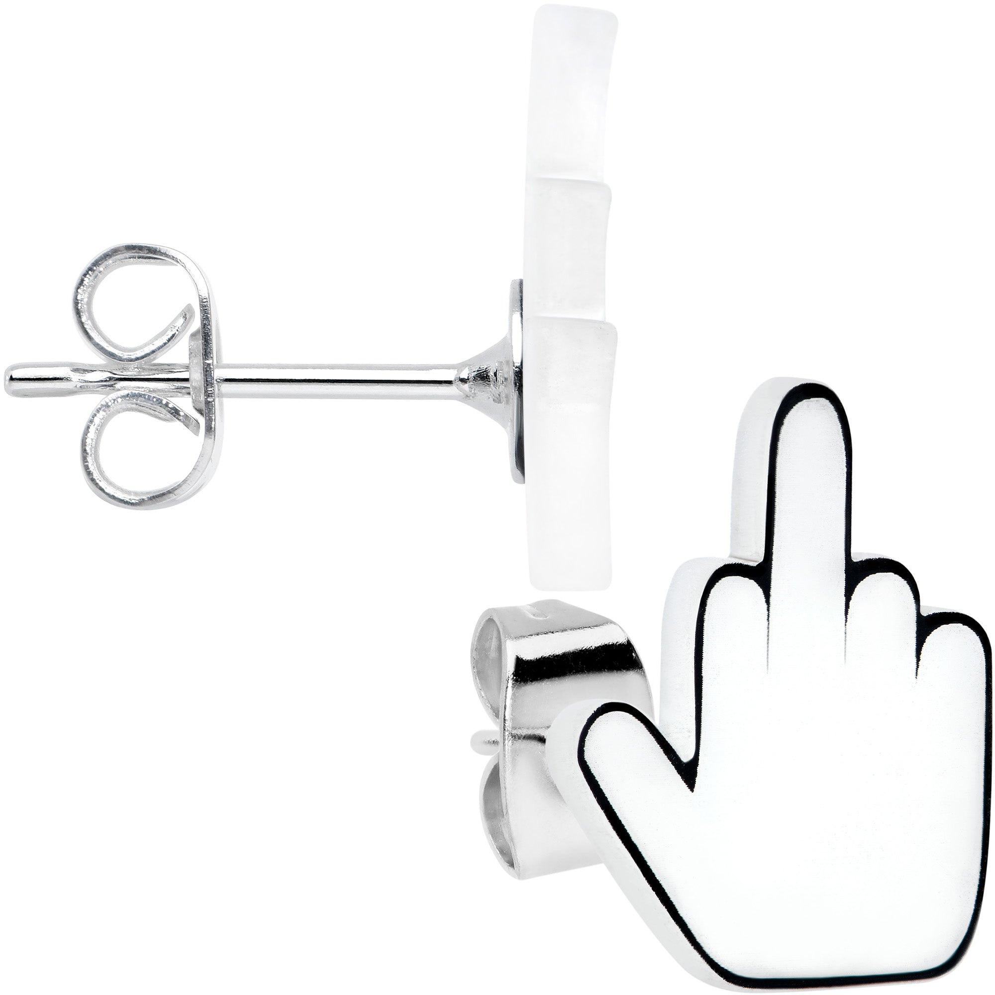 BodyCandy White Glow in the Dark Middle Finger Stud Earrings Set — detail close-up