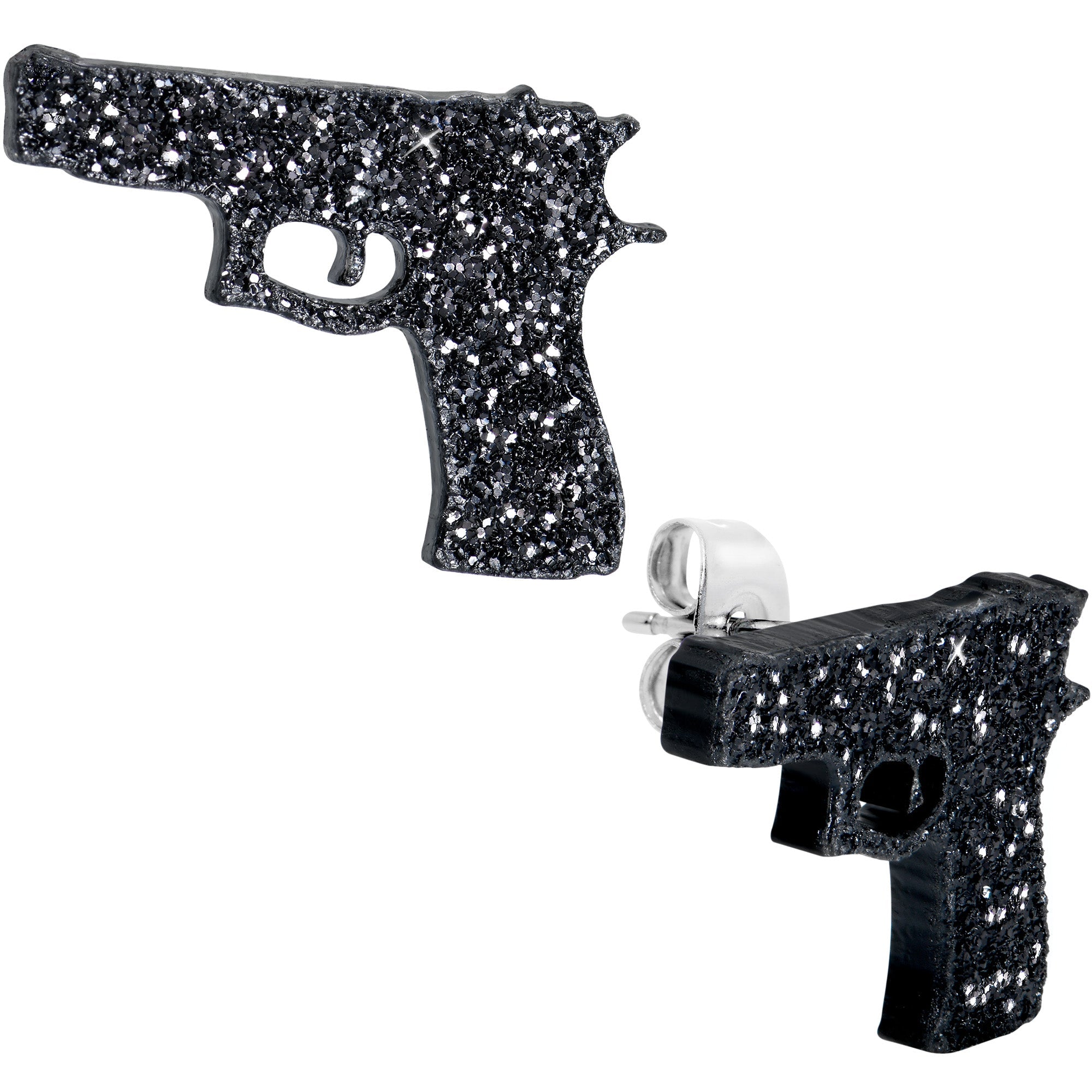 BodyCandy Black Glitter Gun Stud Earrings Set — detail close-up