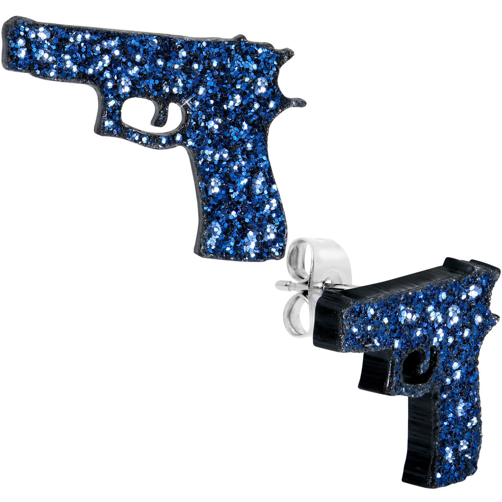BodyCandy Blue Glitter Gun Stud Earrings Set — detail close-up