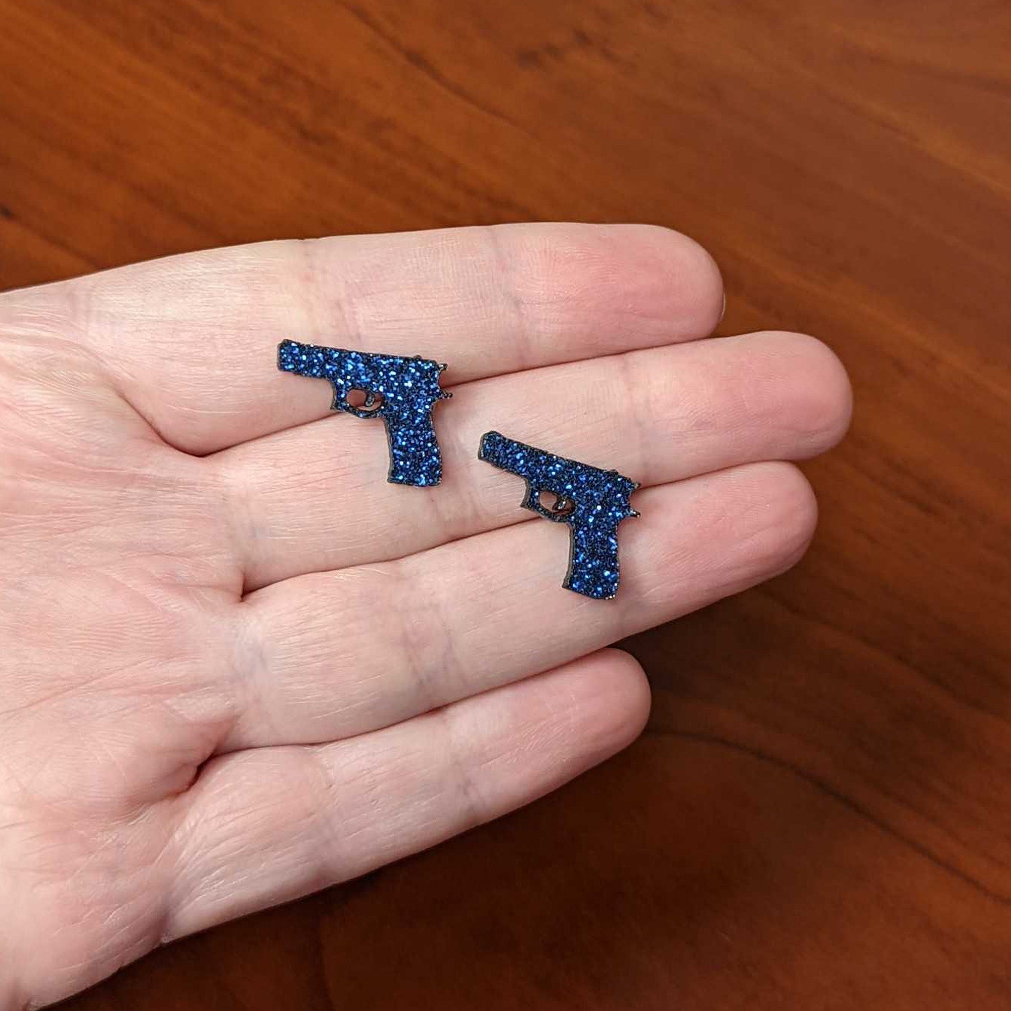 BodyCandy Blue Glitter Gun Stud Earrings Set — side view