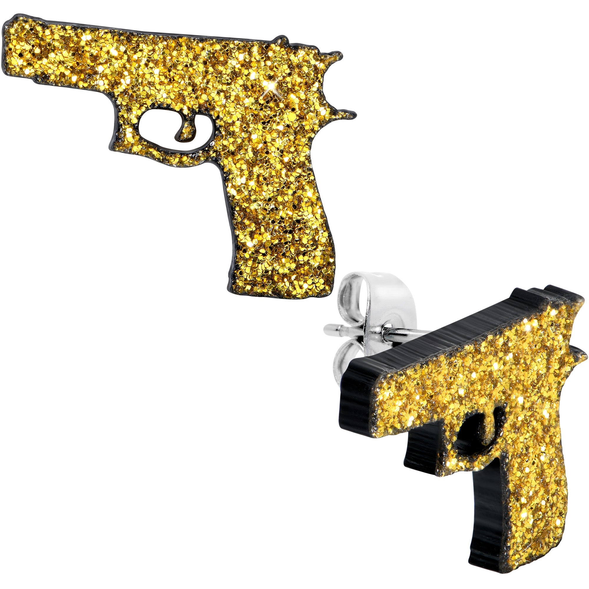 BodyCandy Yellow Glitter Gun Stud Earrings Set — detail close-up