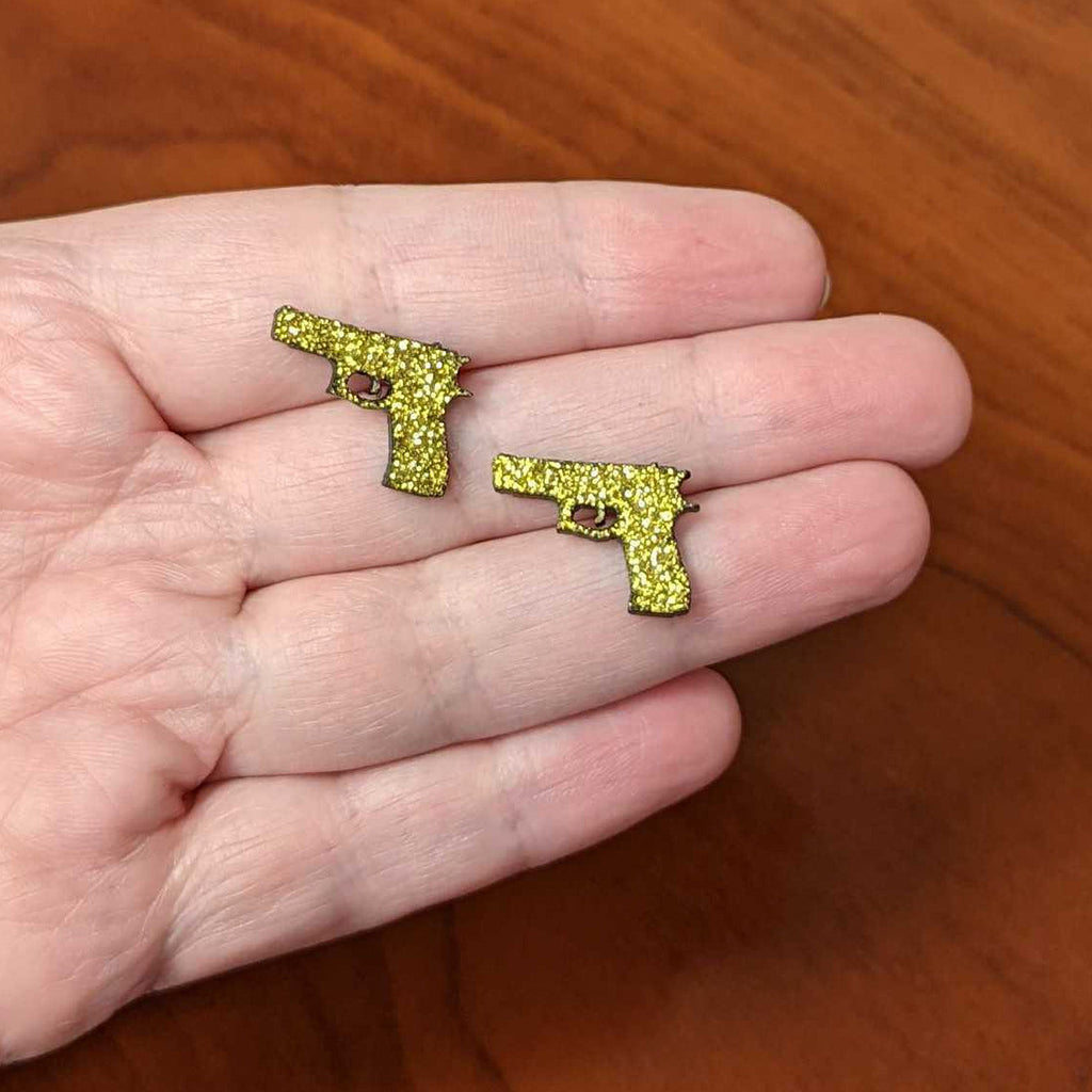 BodyCandy Yellow Glitter Gun Stud Earrings Set — side view