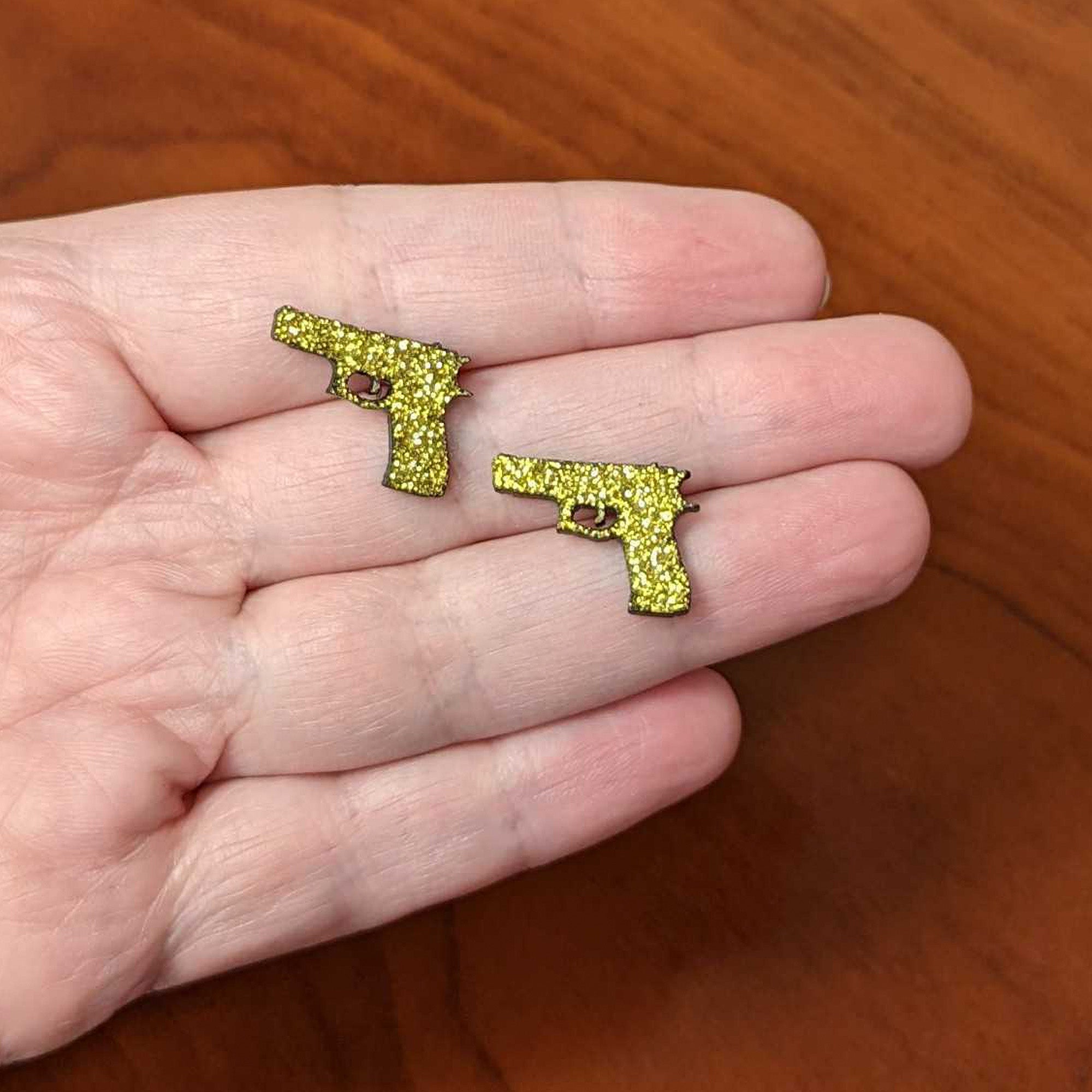 BodyCandy Yellow Glitter Gun Stud Earrings Set — side view