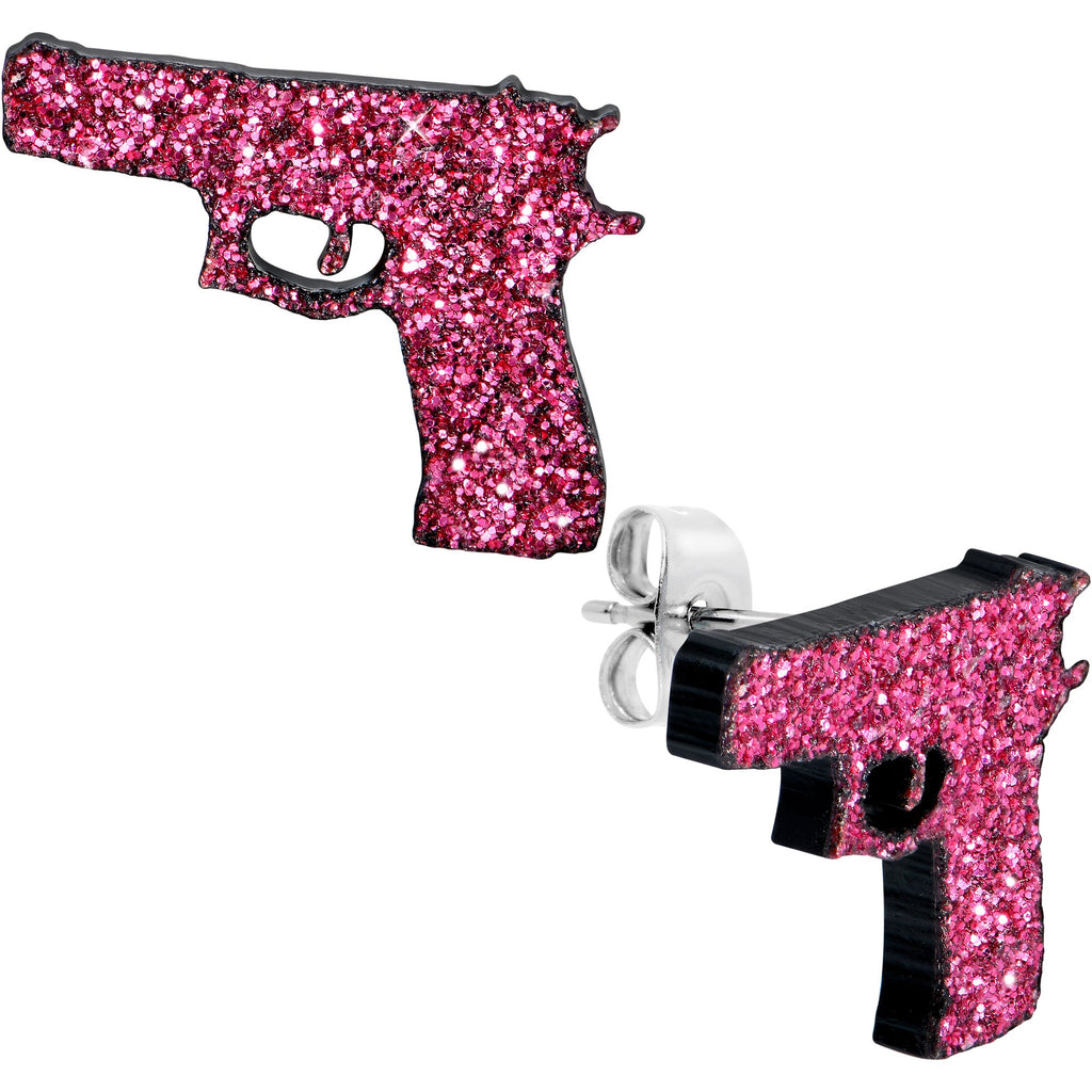 BodyCandy Pink Glitter Gun Stud Earrings Set — detail close-up