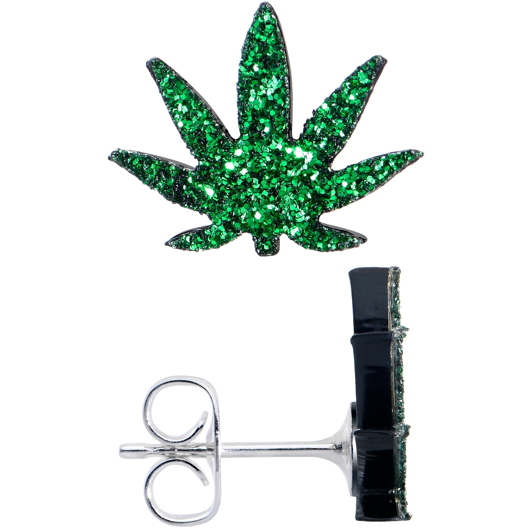 BodyCandy Green Glitter Marijuana Pot Leaf Stud Earrings — lifestyle context