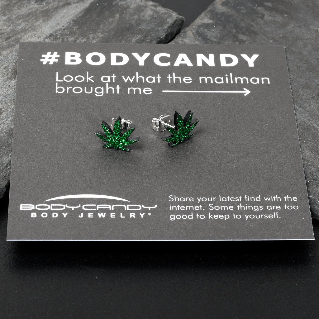BodyCandy Green Glitter Marijuana Pot Leaf Stud Earrings — side view