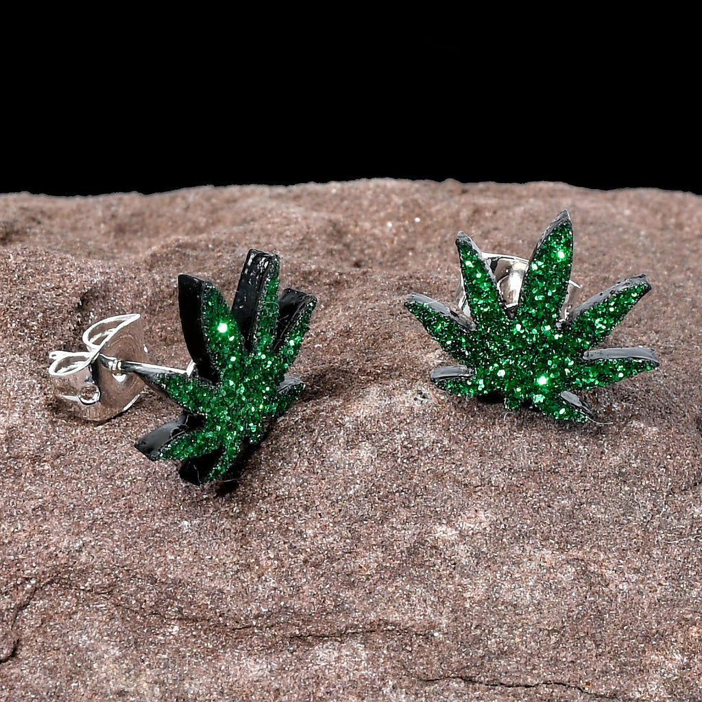 BodyCandy Green Glitter Marijuana Pot Leaf Stud Earrings — alternative angle