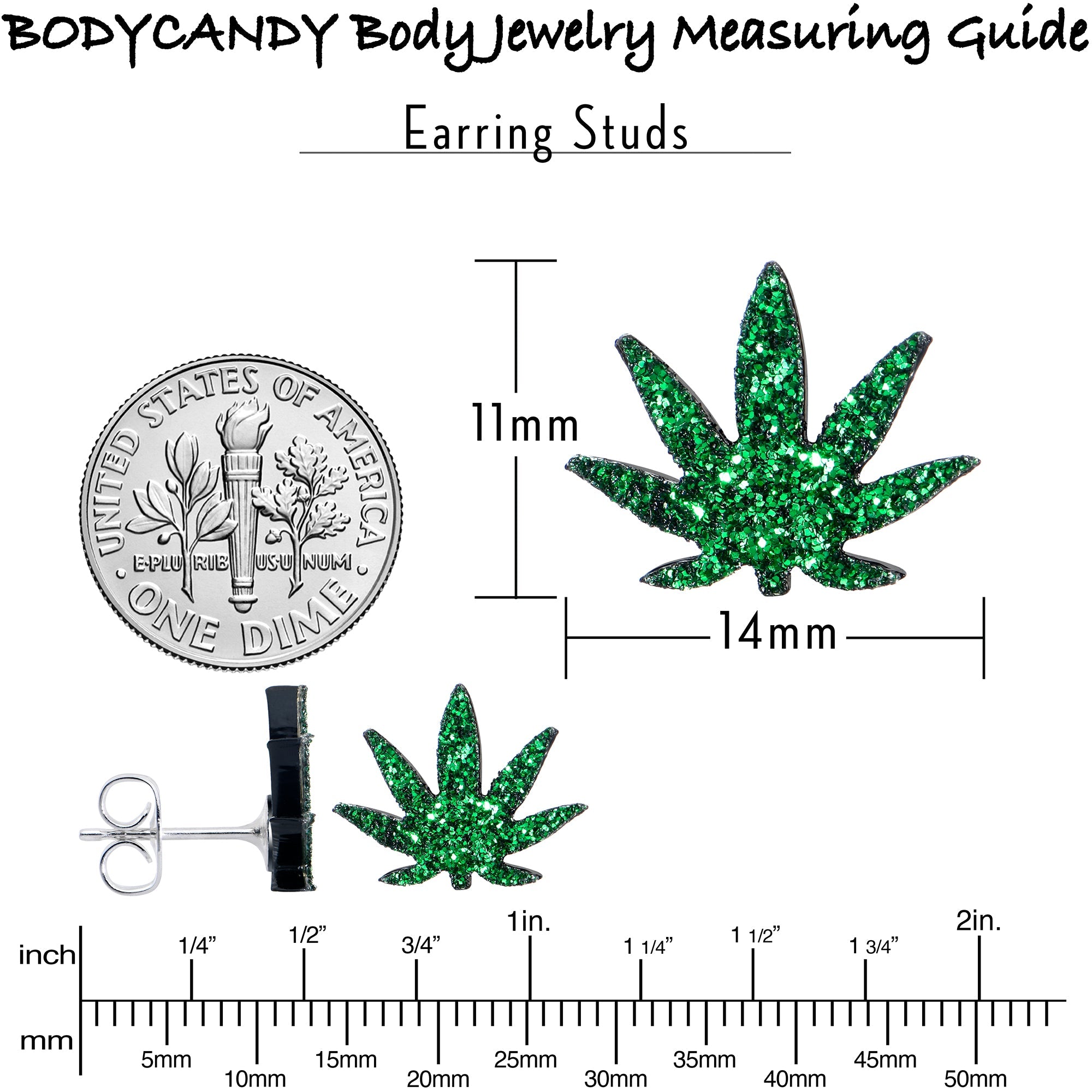 BodyCandy Green Glitter Marijuana Pot Leaf Stud Earrings — size reference