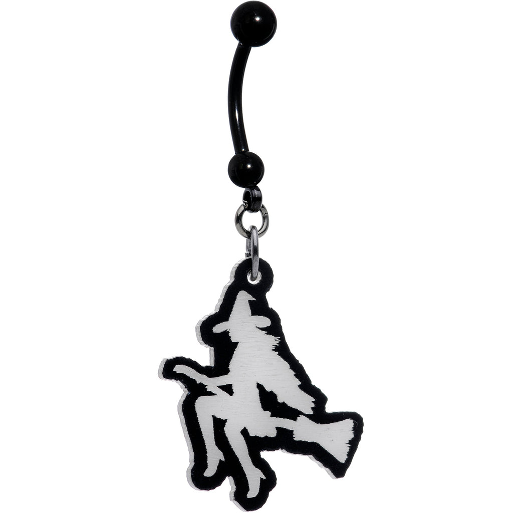 BodyCandy Glow in the Dark Halloween Flying Witch on Broom Dangle Belly Ring — back view