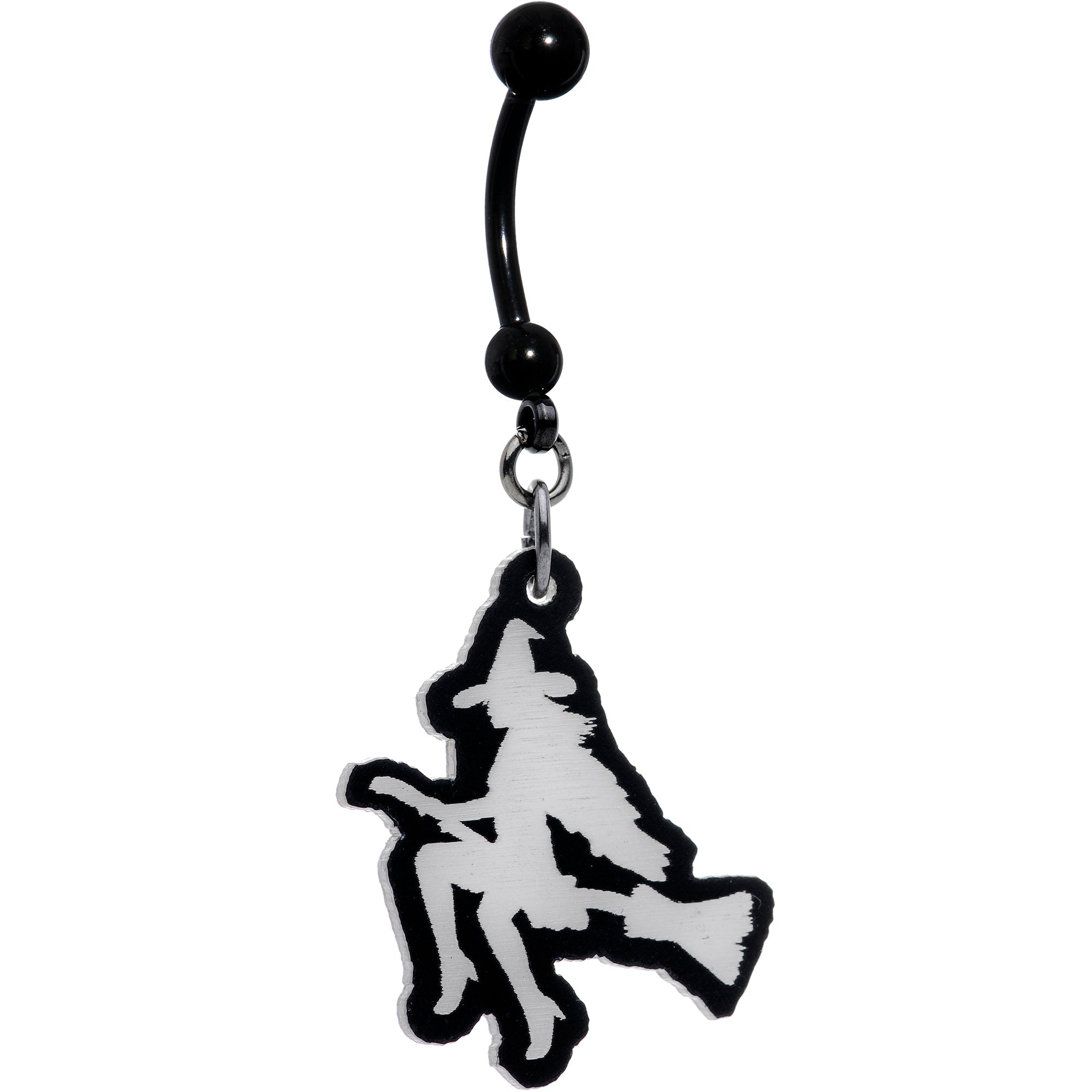 BodyCandy Glow in the Dark Halloween Flying Witch on Broom Dangle Belly Ring — back view