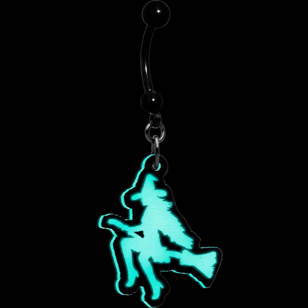 BodyCandy Glow in the Dark Halloween Flying Witch on Broom Dangle Belly Ring — side view