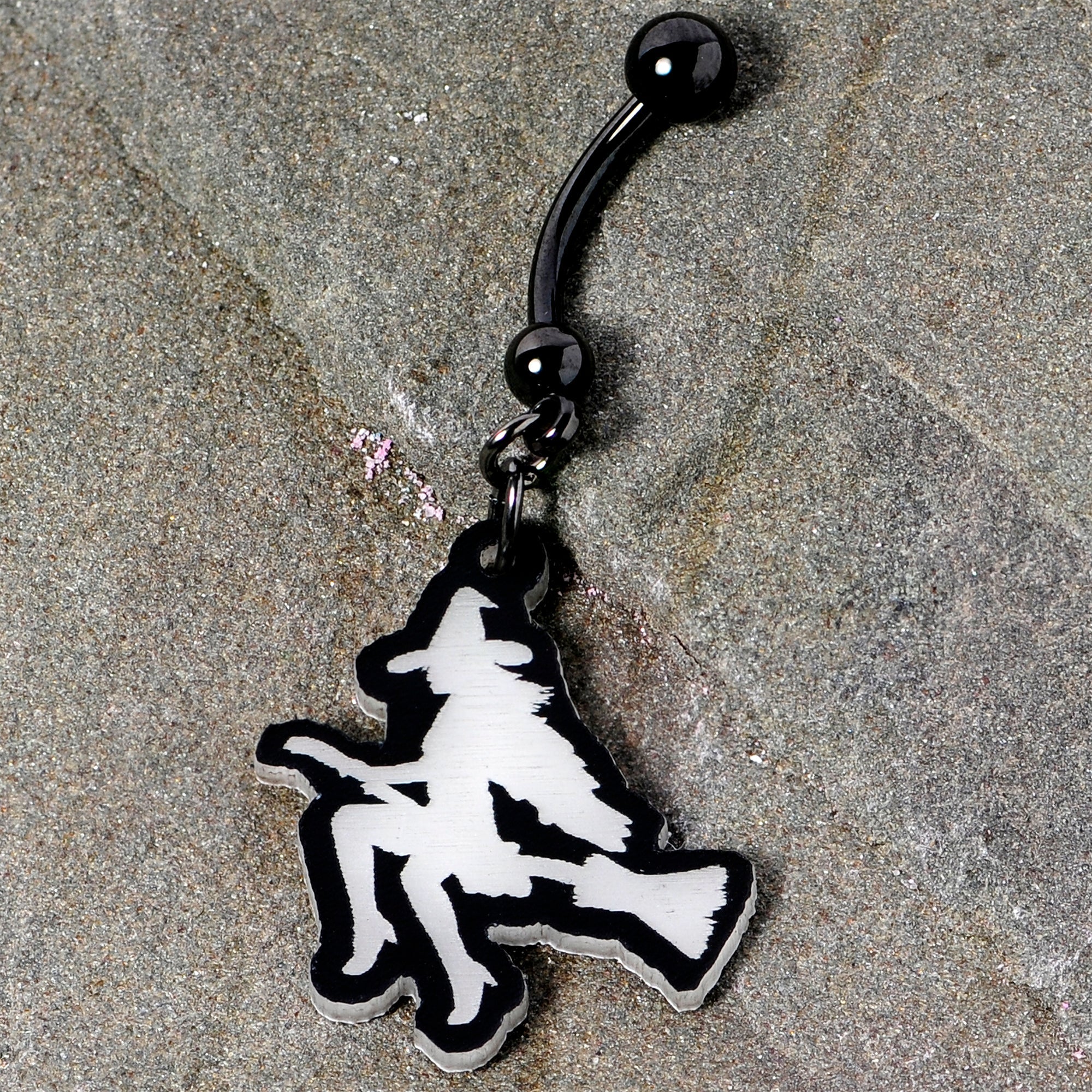 BodyCandy Glow in the Dark Halloween Flying Witch on Broom Dangle Belly Ring — alternative angle