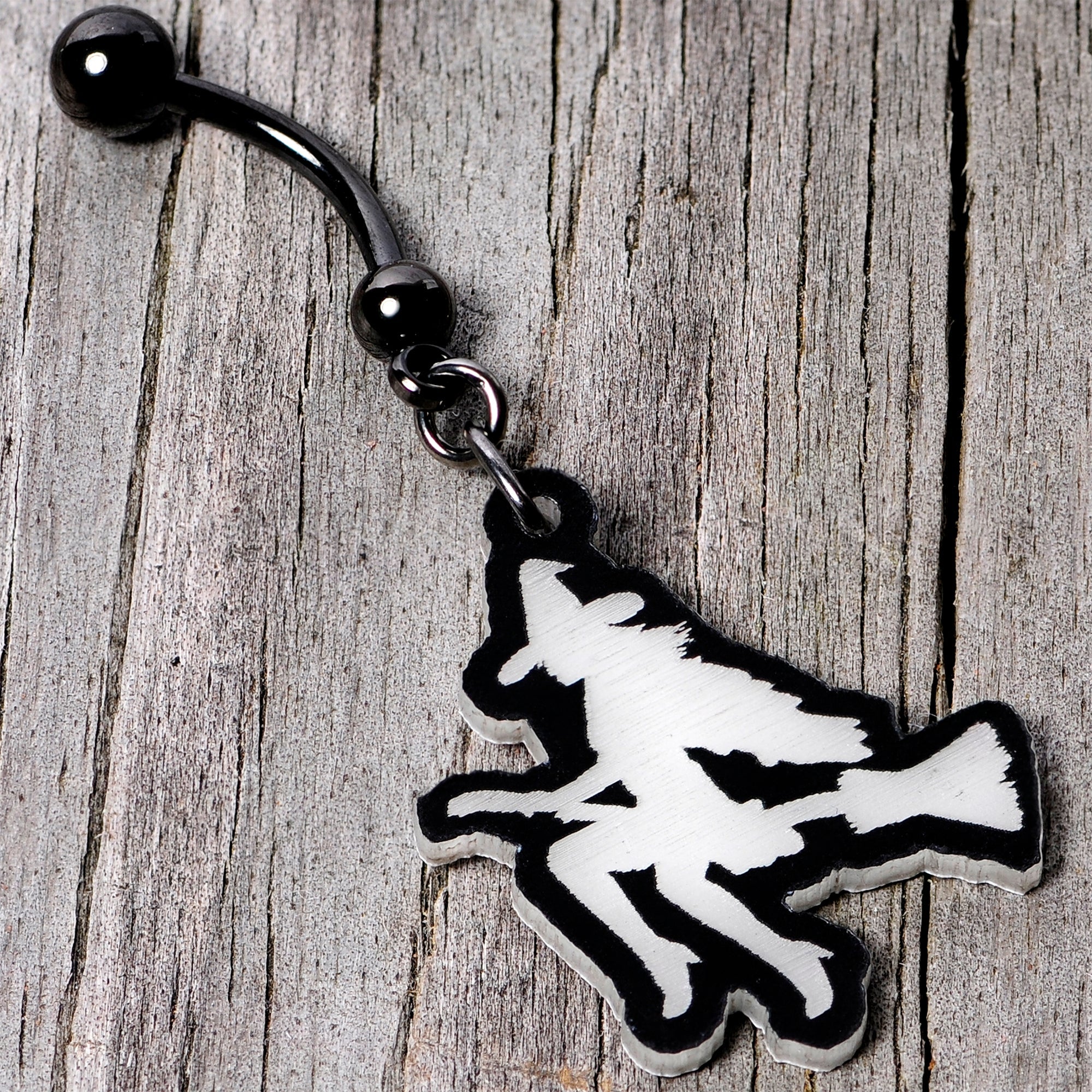 BodyCandy Glow in the Dark Halloween Flying Witch on Broom Dangle Belly Ring — size reference