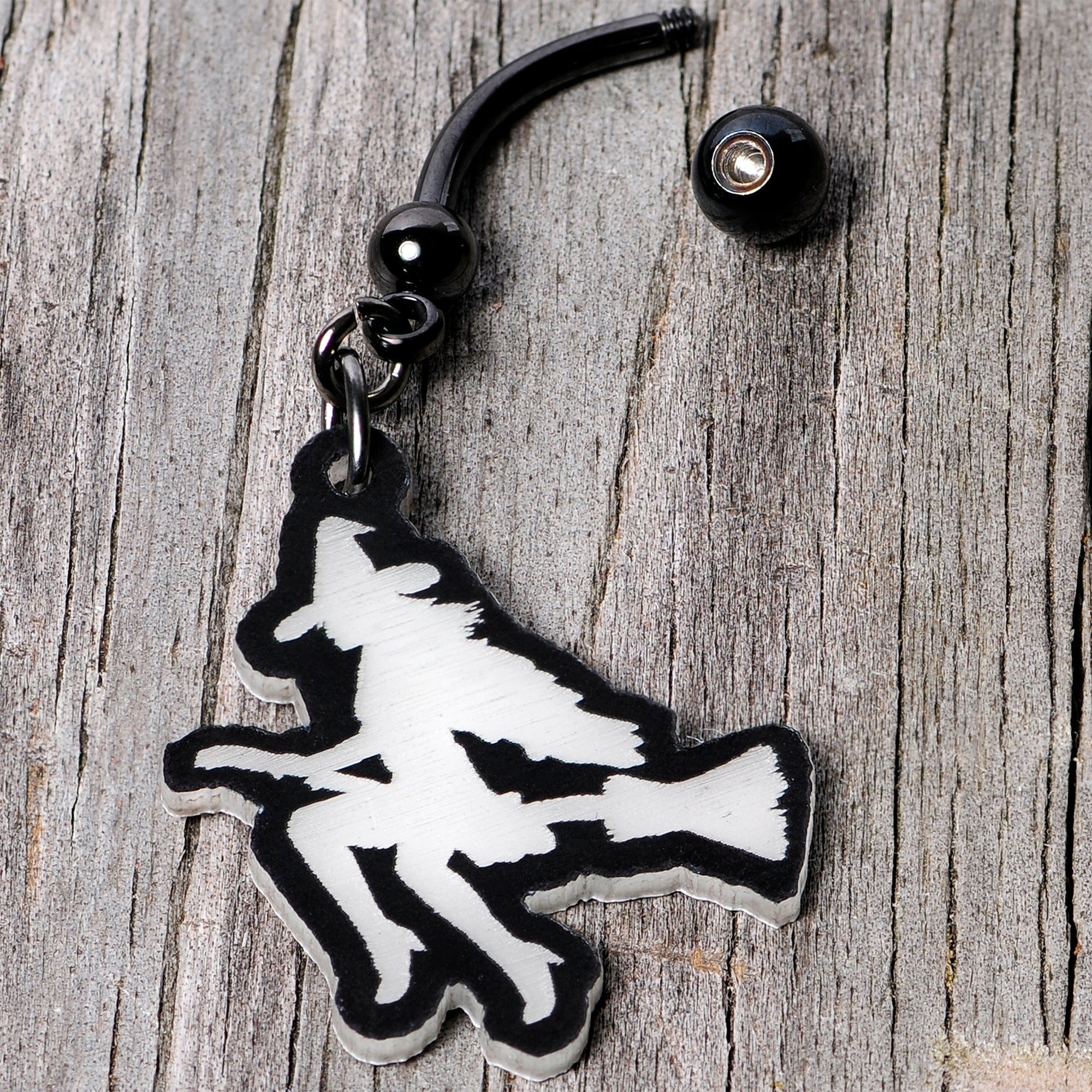 BodyCandy Glow in the Dark Halloween Flying Witch on Broom Dangle Belly Ring — color detail