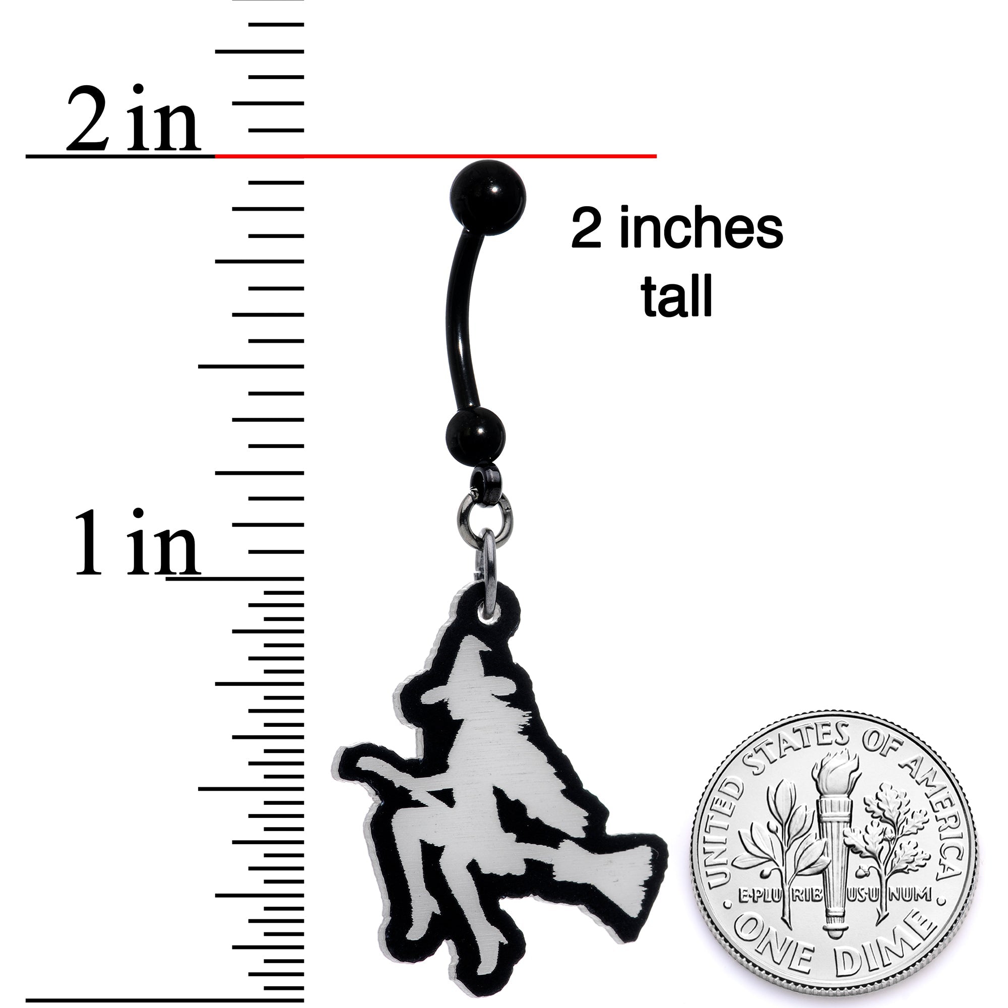 BodyCandy Glow in the Dark Halloween Flying Witch on Broom Dangle Belly Ring — comparison shot