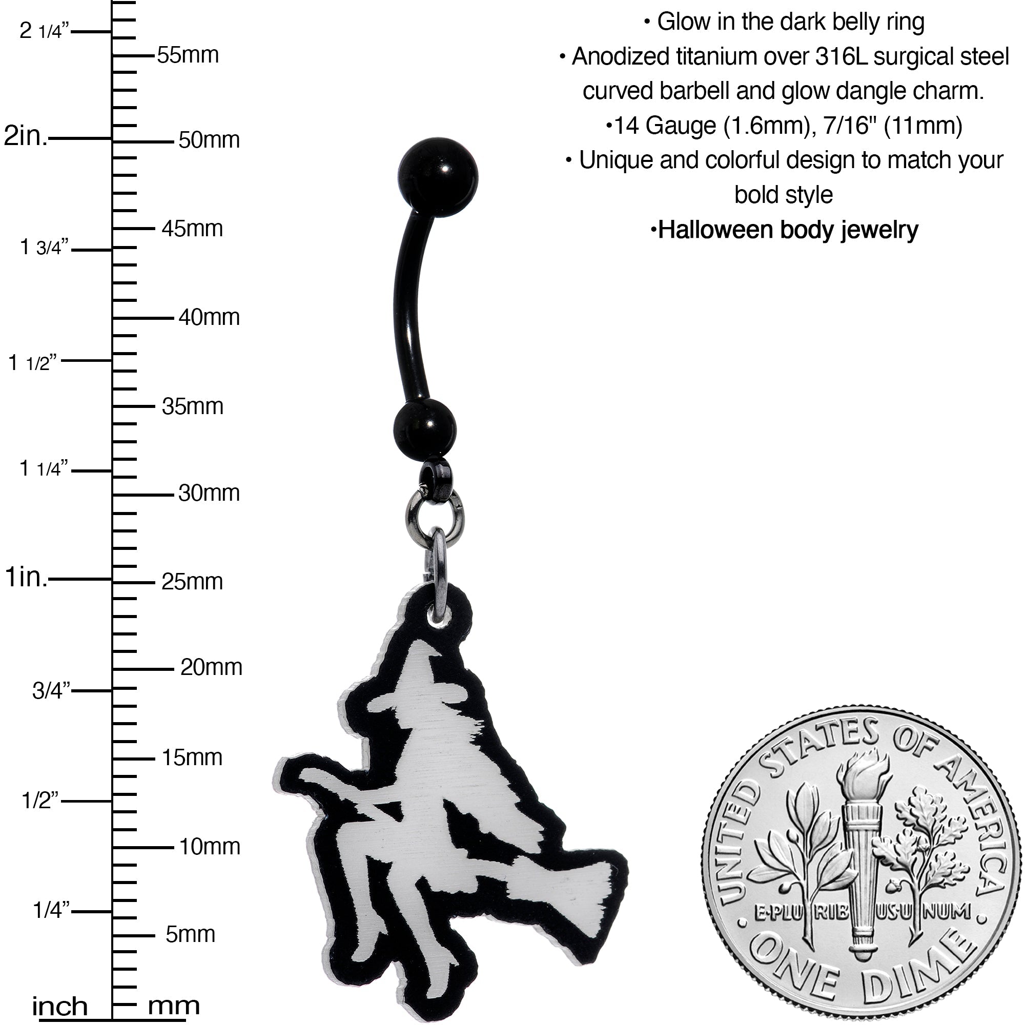 BodyCandy Glow in the Dark Halloween Flying Witch on Broom Dangle Belly Ring — lifestyle context