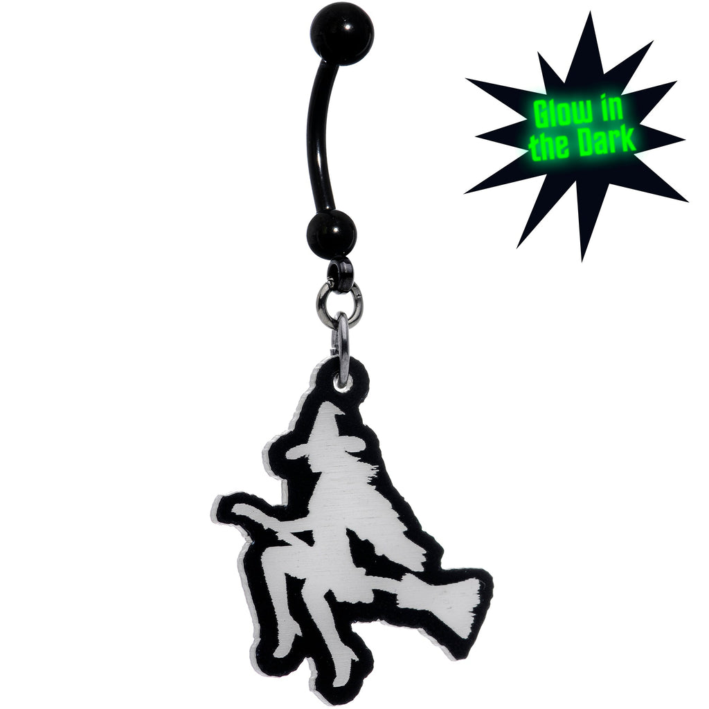 BodyCandy Glow in the Dark Halloween Flying Witch on Broom Dangle Belly Ring — in-use photo