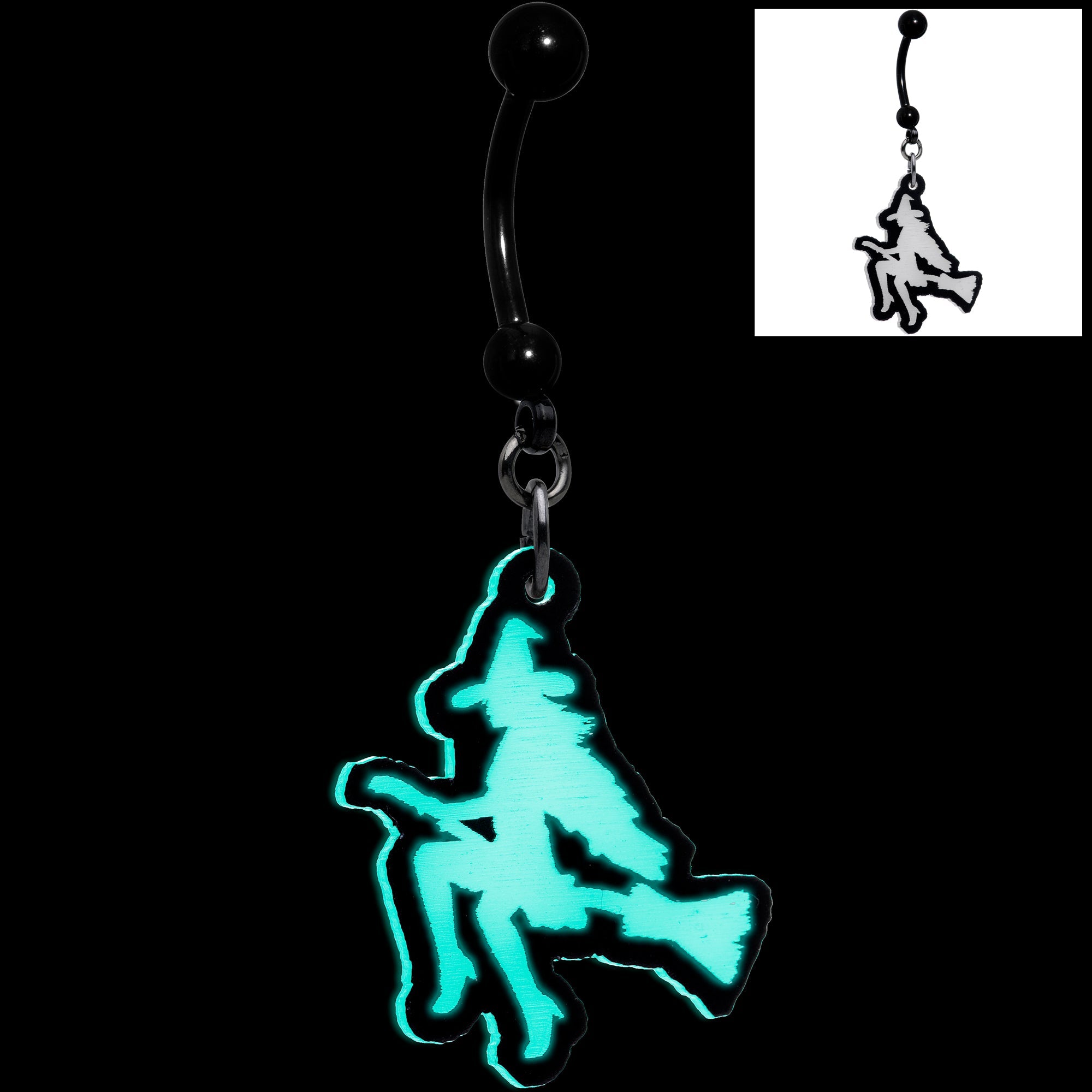 BodyCandy Glow in the Dark Halloween Flying Witch on Broom Dangle Belly Ring — detail close-up