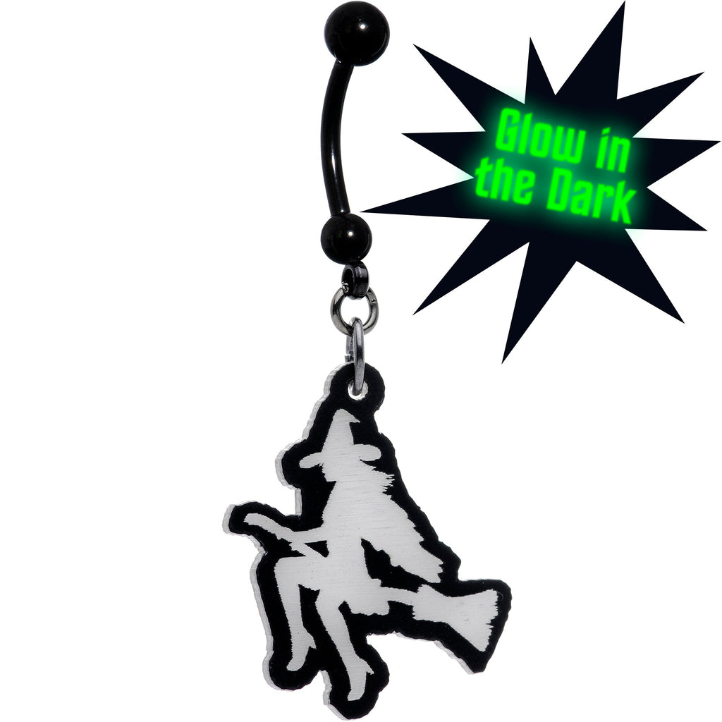 BodyCandy Glow in the Dark Halloween Flying Witch on Broom Dangle Belly Ring — main product shot