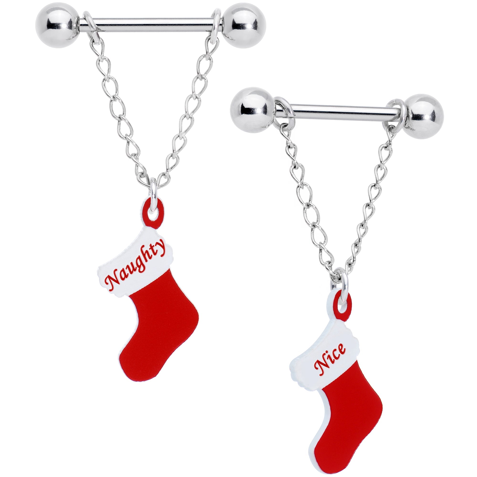 BodyCandy Handmade 14G 5/8 Naughty Nice Christmas Stocking Nipple Ring Set — main product shot