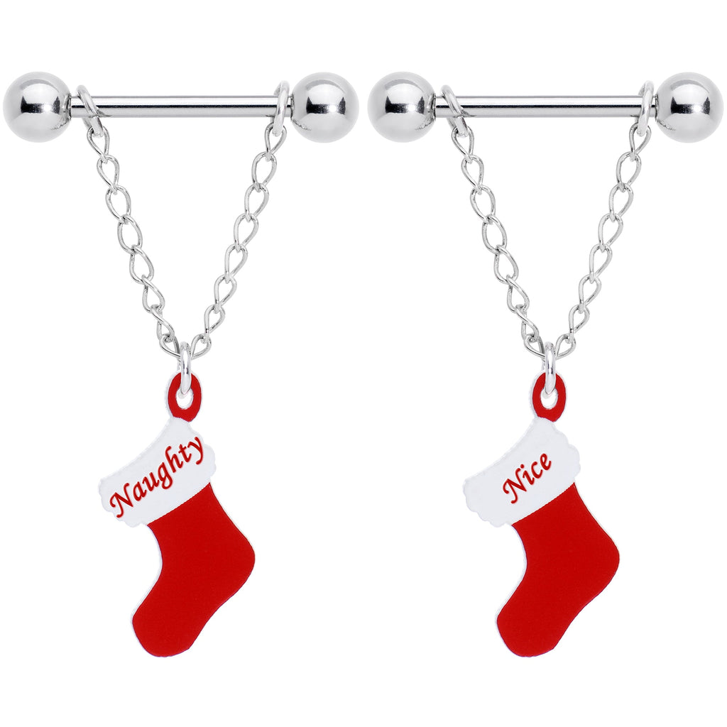 BodyCandy Handmade 14G 5/8 Naughty Nice Christmas Stocking Nipple Ring Set — detail close-up