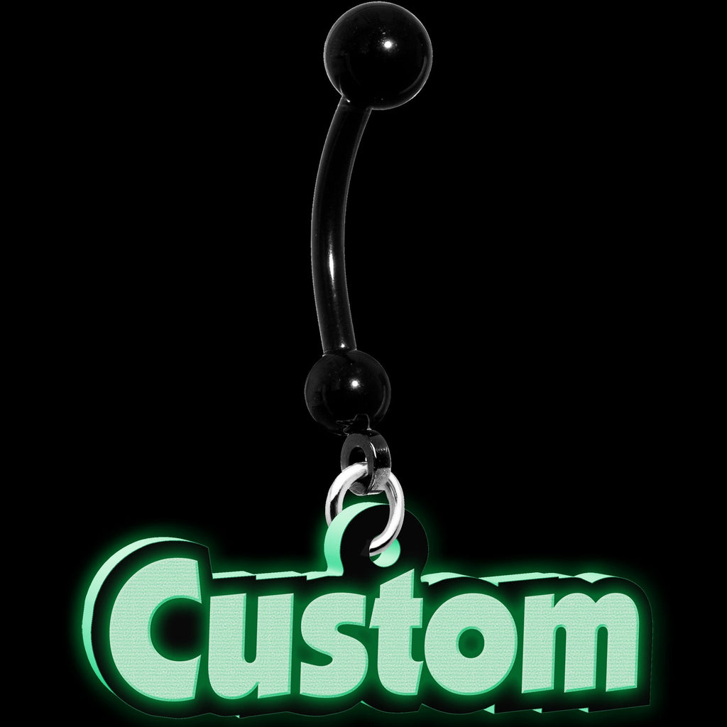 BodyCandy Custom Black Glow in the Dark Personalized Name Dangle Belly Ring — detail close-up