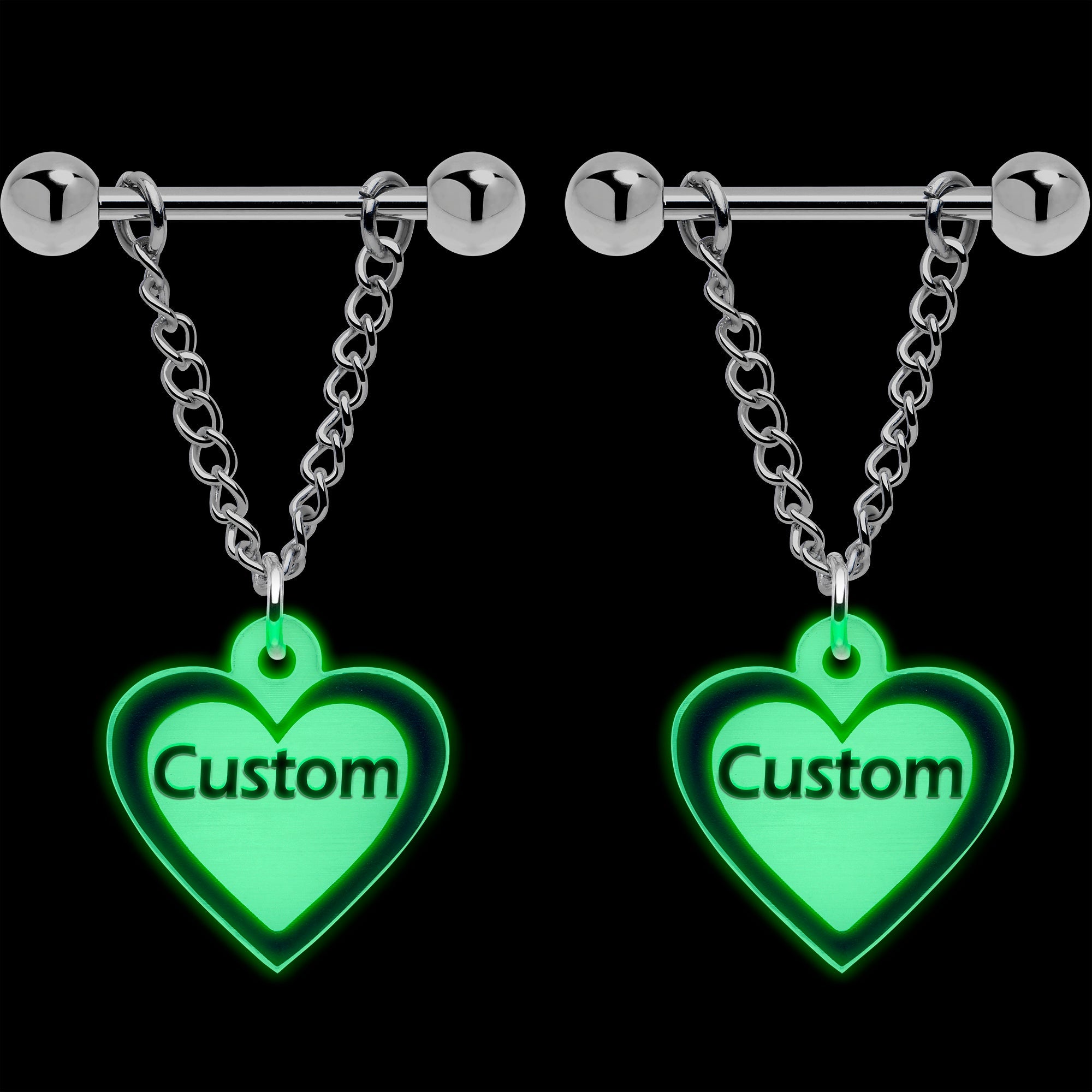 BodyCandy Custom Heart Glow in the Dark Chain Personalized Name Dangle Nipple Ring Set — detail close-up