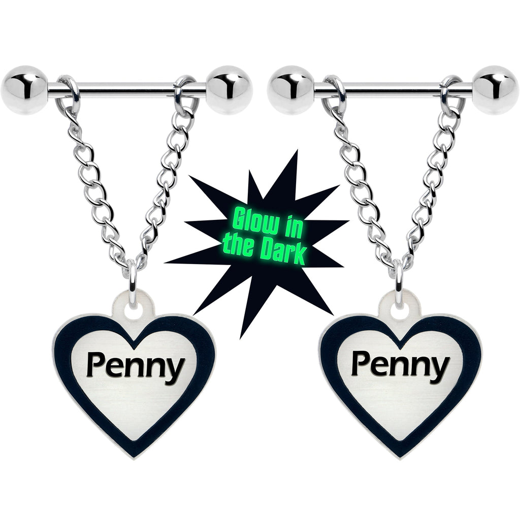 BodyCandy Custom Heart Glow in the Dark Chain Personalized Name Dangle Nipple Ring Set — main product shot