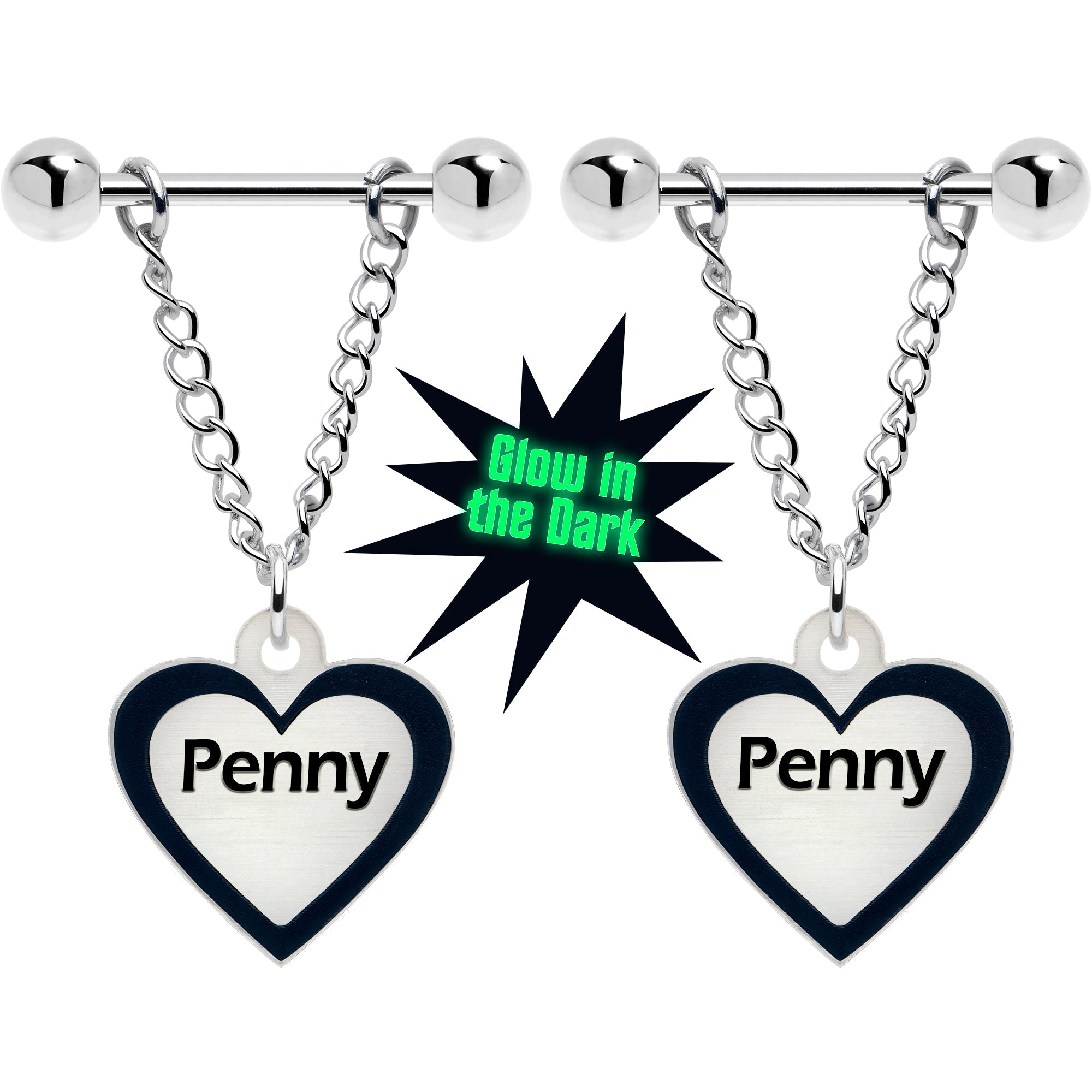 BodyCandy Custom Heart Glow in the Dark Chain Personalized Name Dangle Nipple Ring Set — main product shot