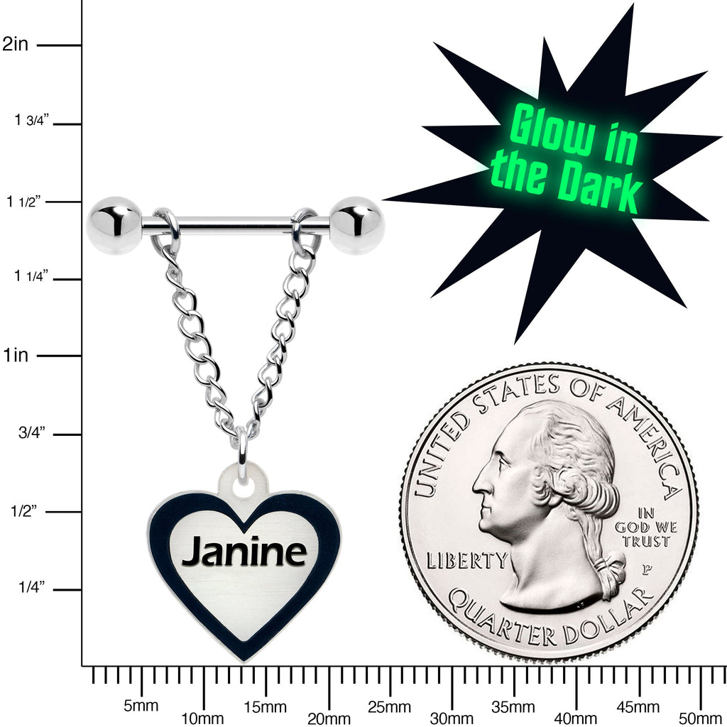 BodyCandy Custom Heart Glow in the Dark Chain Personalized Name Dangle Nipple Ring Set — side view