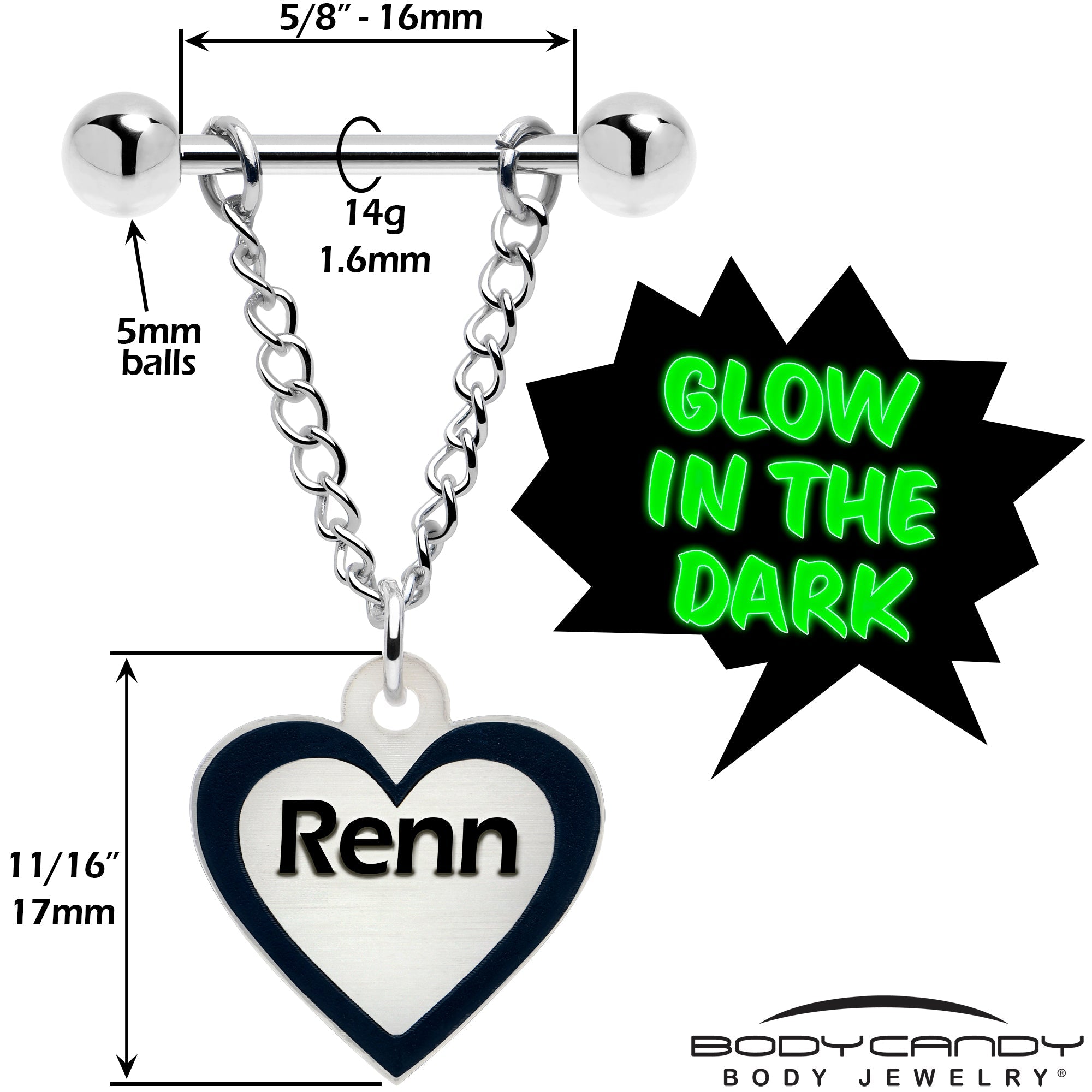 BodyCandy Custom Heart Glow in the Dark Chain Personalized Name Dangle Nipple Ring Set — back view