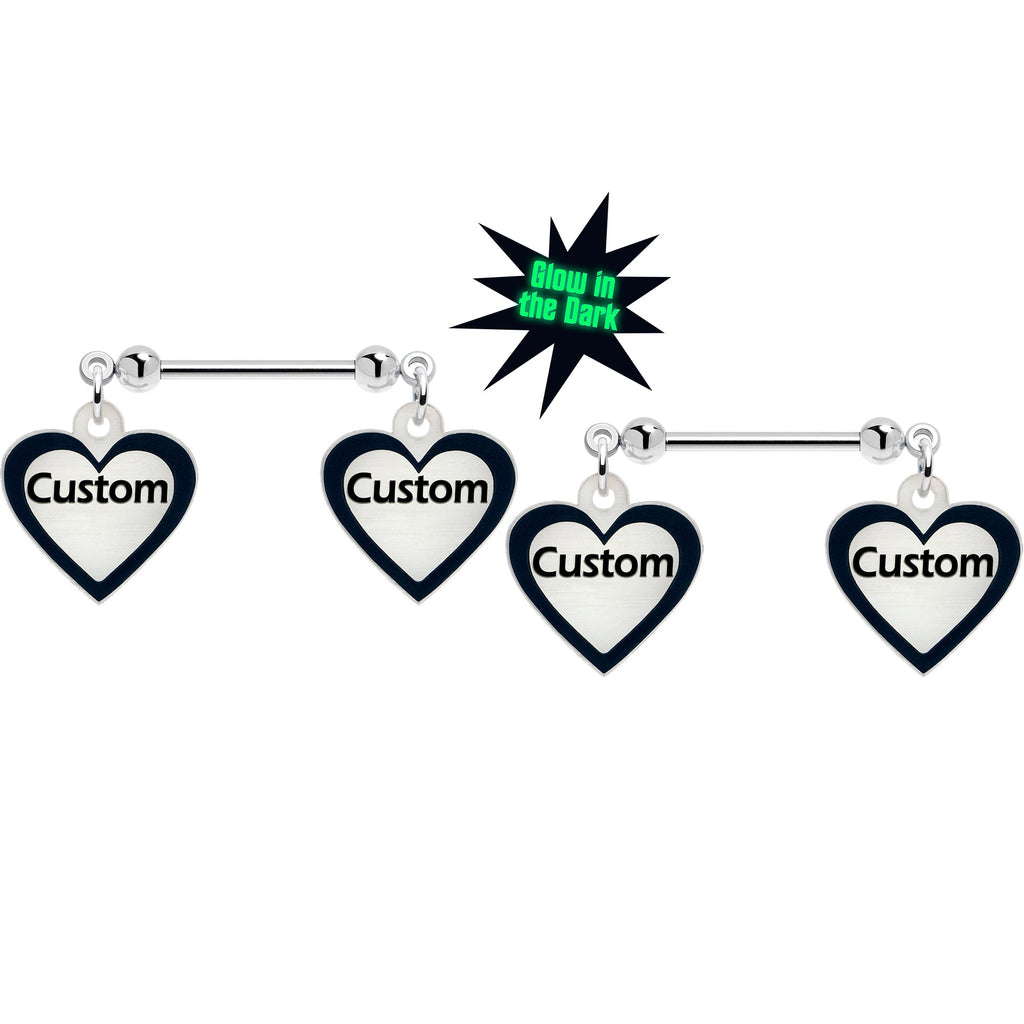 BodyCandy Custom Heart Glow in the Dark Double Personalized Name Dangle Nipple Ring Set — main product shot
