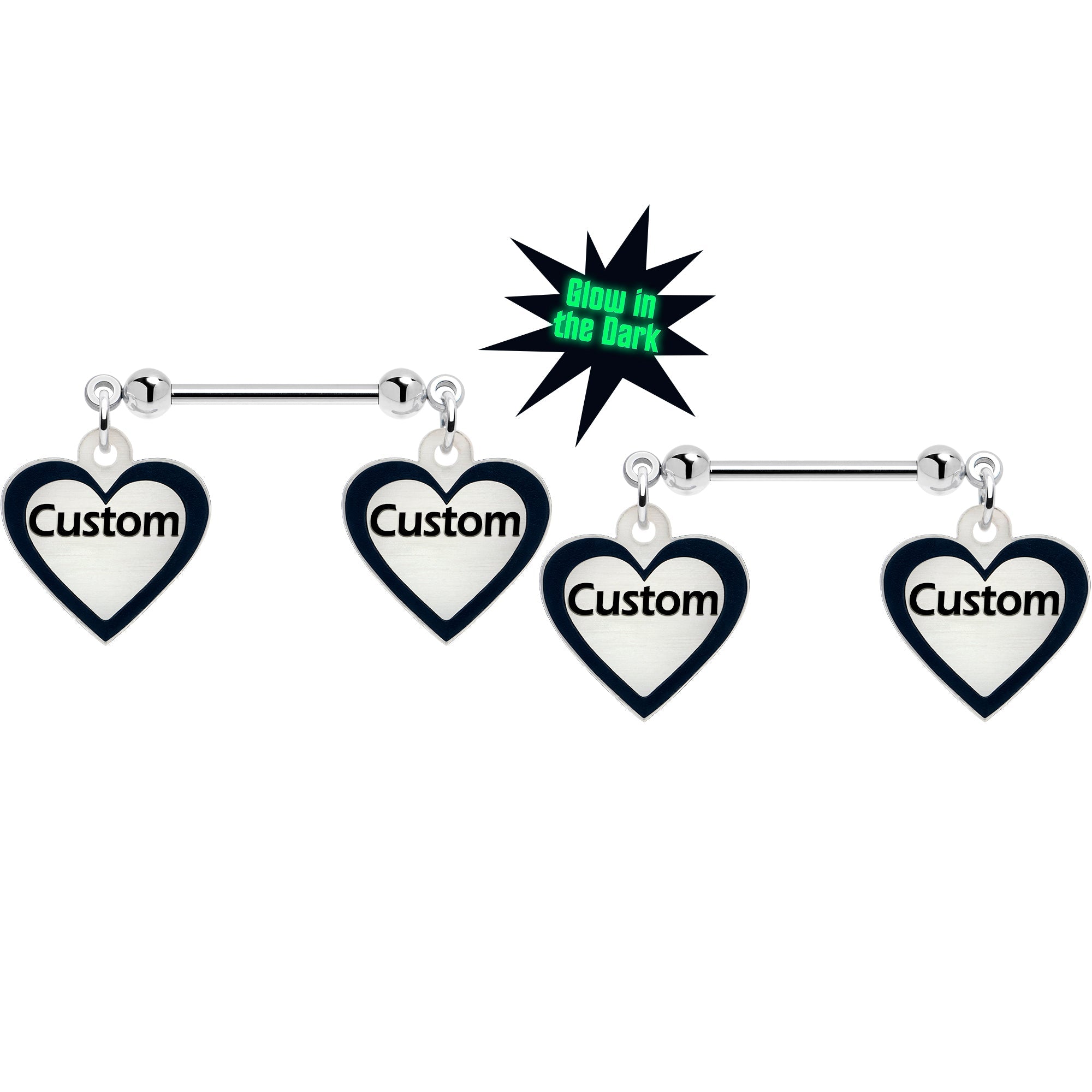 BodyCandy Custom Heart Glow in the Dark Double Personalized Name Dangle Nipple Ring Set — main product shot
