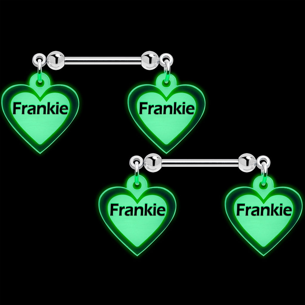 BodyCandy Custom Heart Glow in the Dark Double Personalized Name Dangle Nipple Ring Set — detail close-up