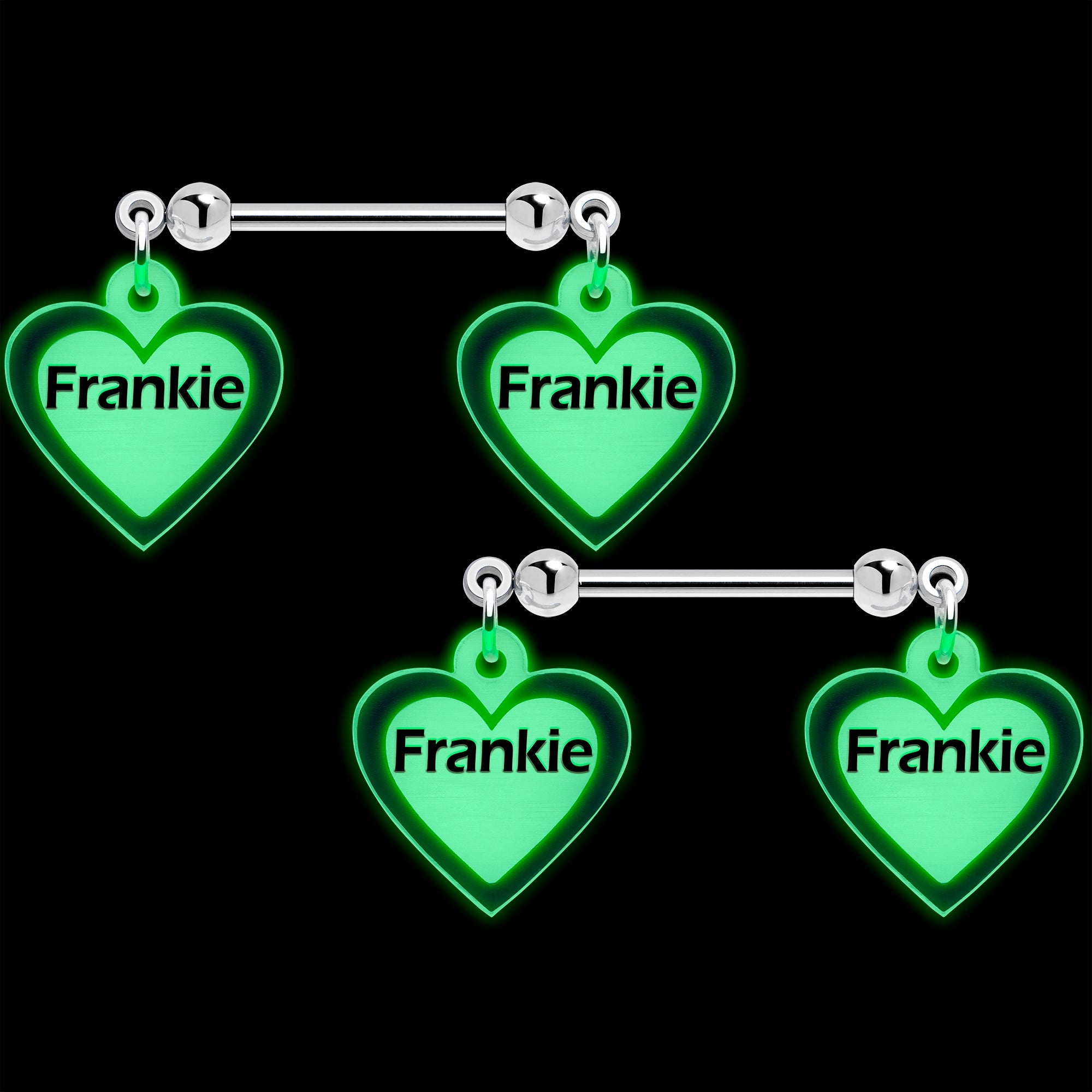 BodyCandy Custom Heart Glow in the Dark Double Personalized Name Dangle Nipple Ring Set — detail close-up