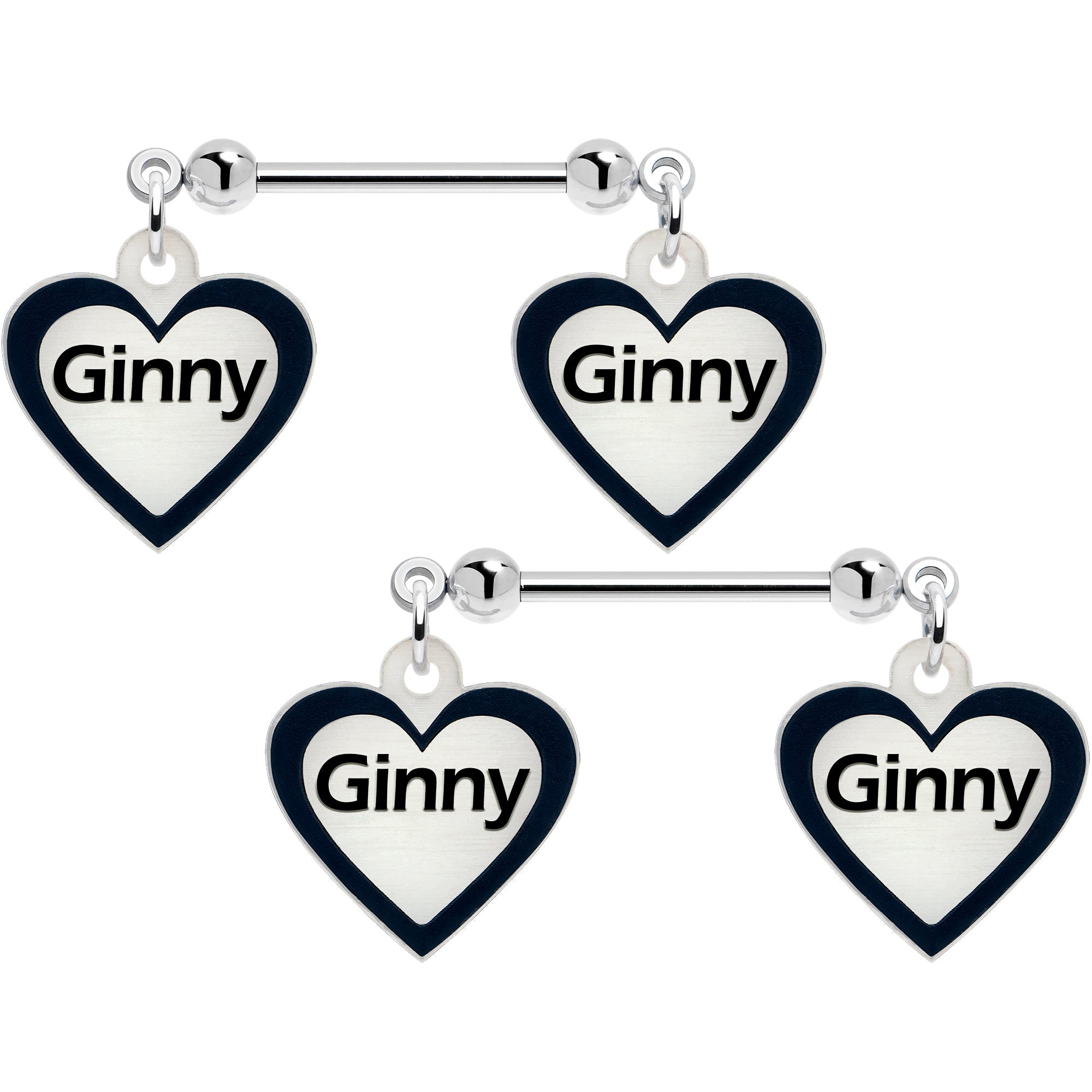 BodyCandy Custom Heart Glow in the Dark Double Personalized Name Dangle Nipple Ring Set — side view