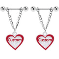 BodyCandy Custom Red White Heart Chain Personalized Name Dangle Nipple Ring Set — main product shot