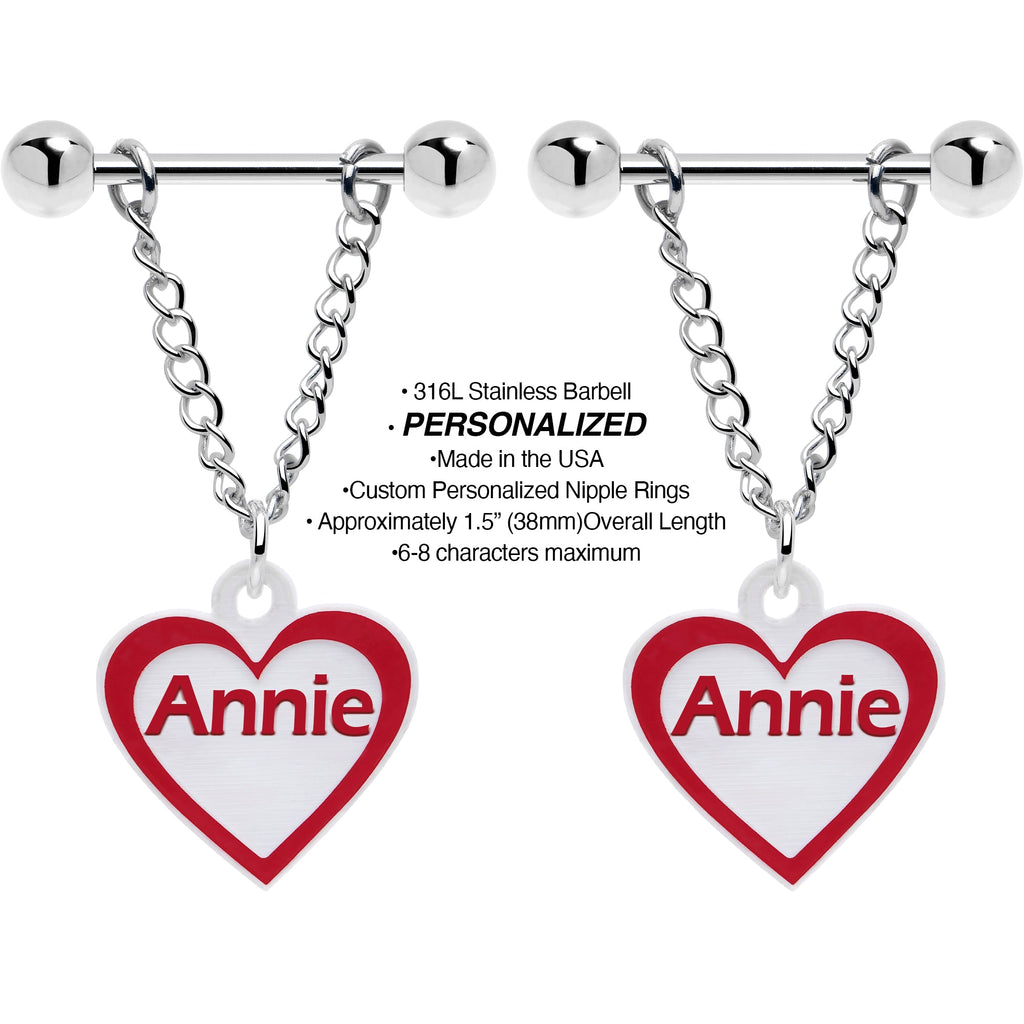 BodyCandy Custom Red White Heart Chain Personalized Name Dangle Nipple Ring Set — detail close-up