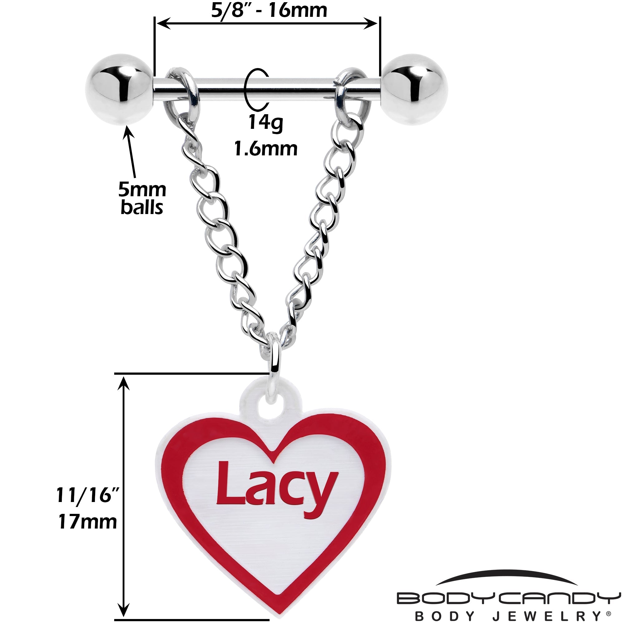 BodyCandy Custom Red White Heart Chain Personalized Name Dangle Nipple Ring Set — side view