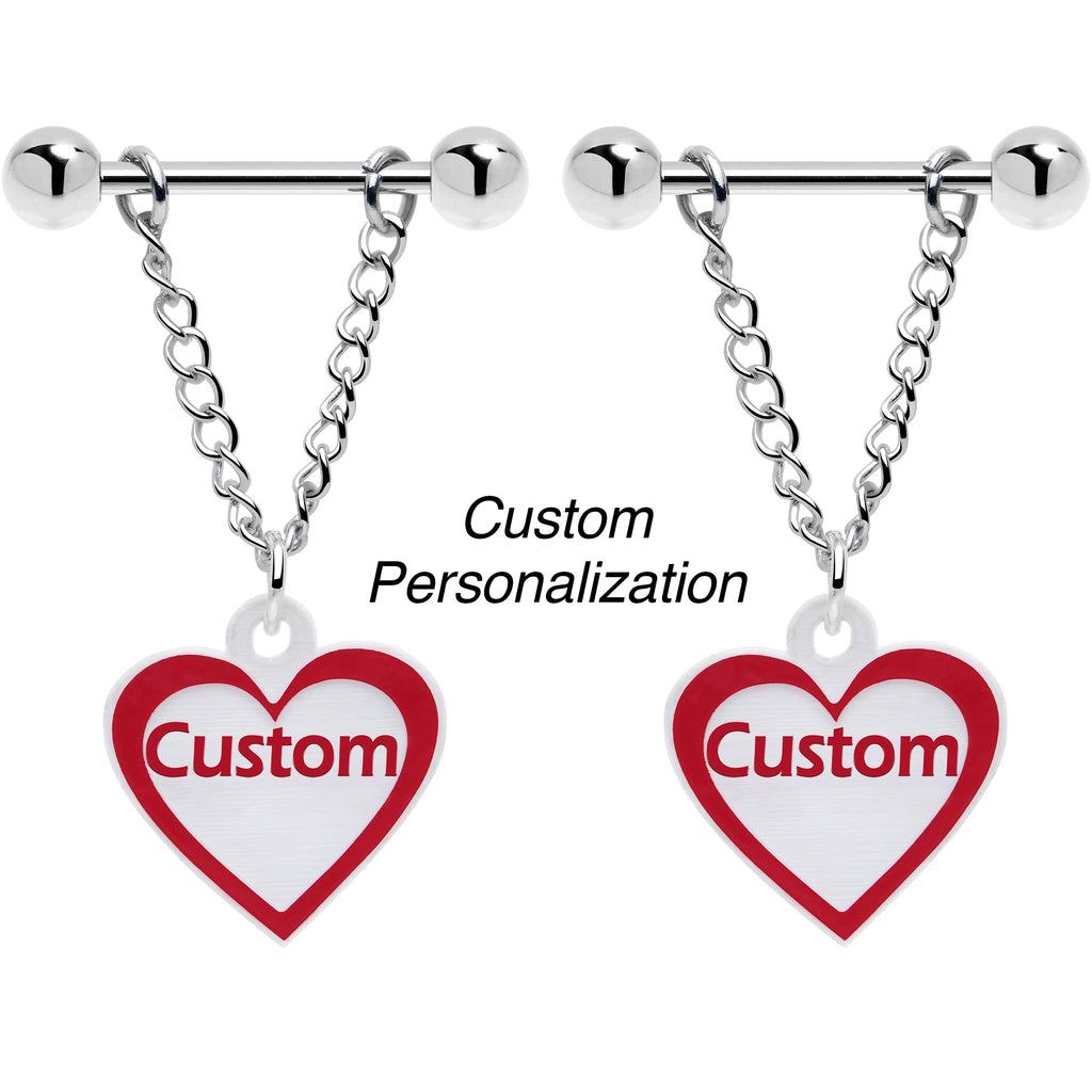 BodyCandy Custom Red White Heart Chain Personalized Name Dangle Nipple Ring Set — back view