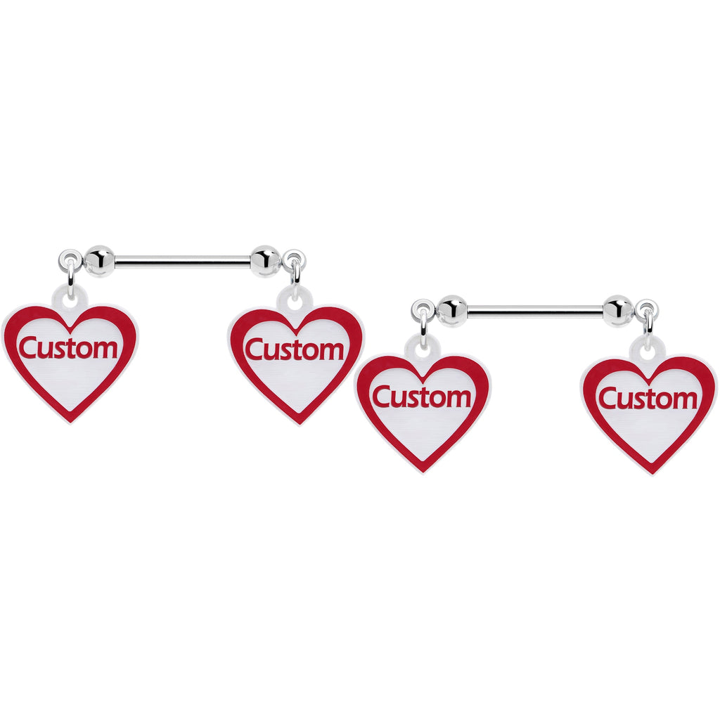 BodyCandy Custom Red White Heart Double Personalized Name Dangle Nipple Ring Set — main product shot
