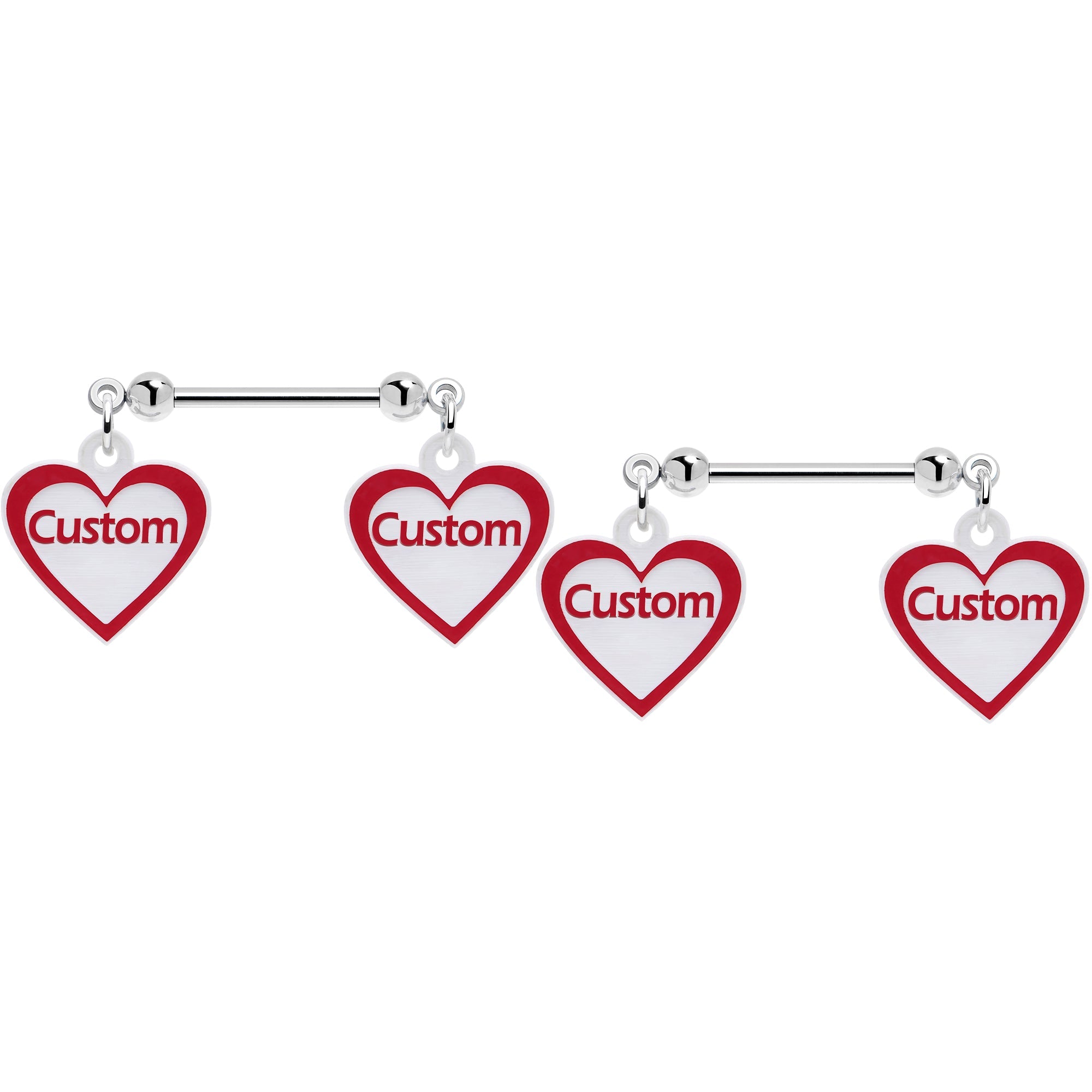 BodyCandy Custom Red White Heart Double Personalized Name Dangle Nipple Ring Set — main product shot