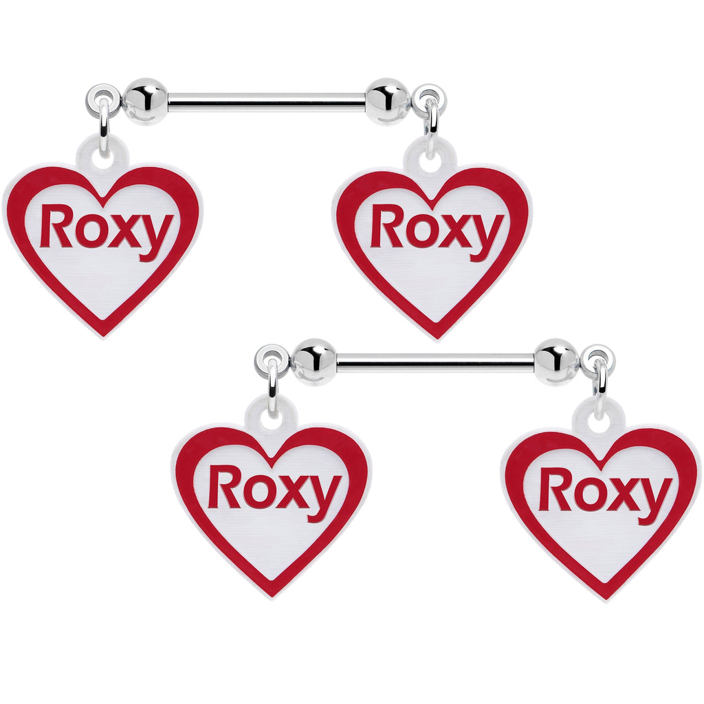 BodyCandy Custom Red White Heart Double Personalized Name Dangle Nipple Ring Set — detail close-up