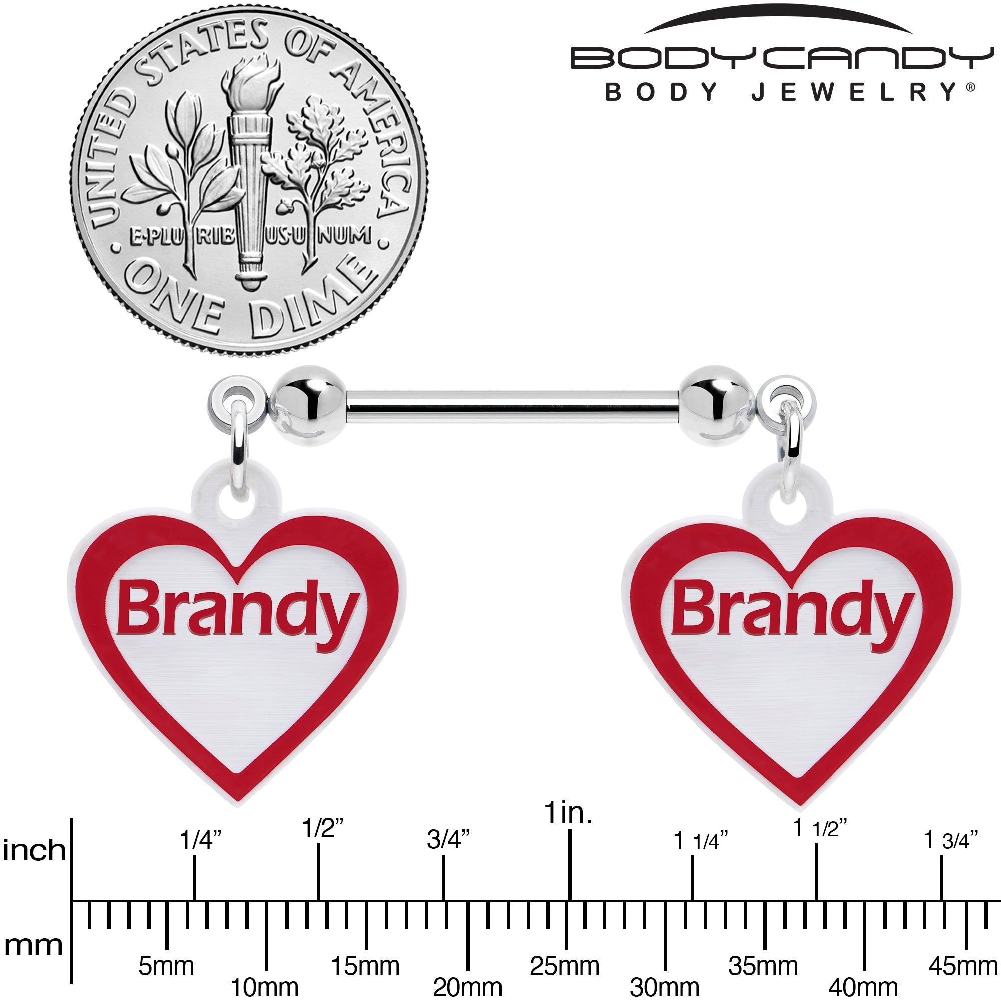 BodyCandy Custom Red White Heart Double Personalized Name Dangle Nipple Ring Set — lifestyle context