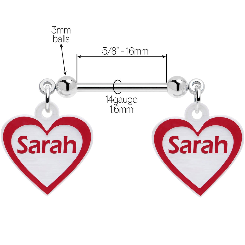 BodyCandy Custom Red White Heart Double Personalized Name Dangle Nipple Ring Set — side view