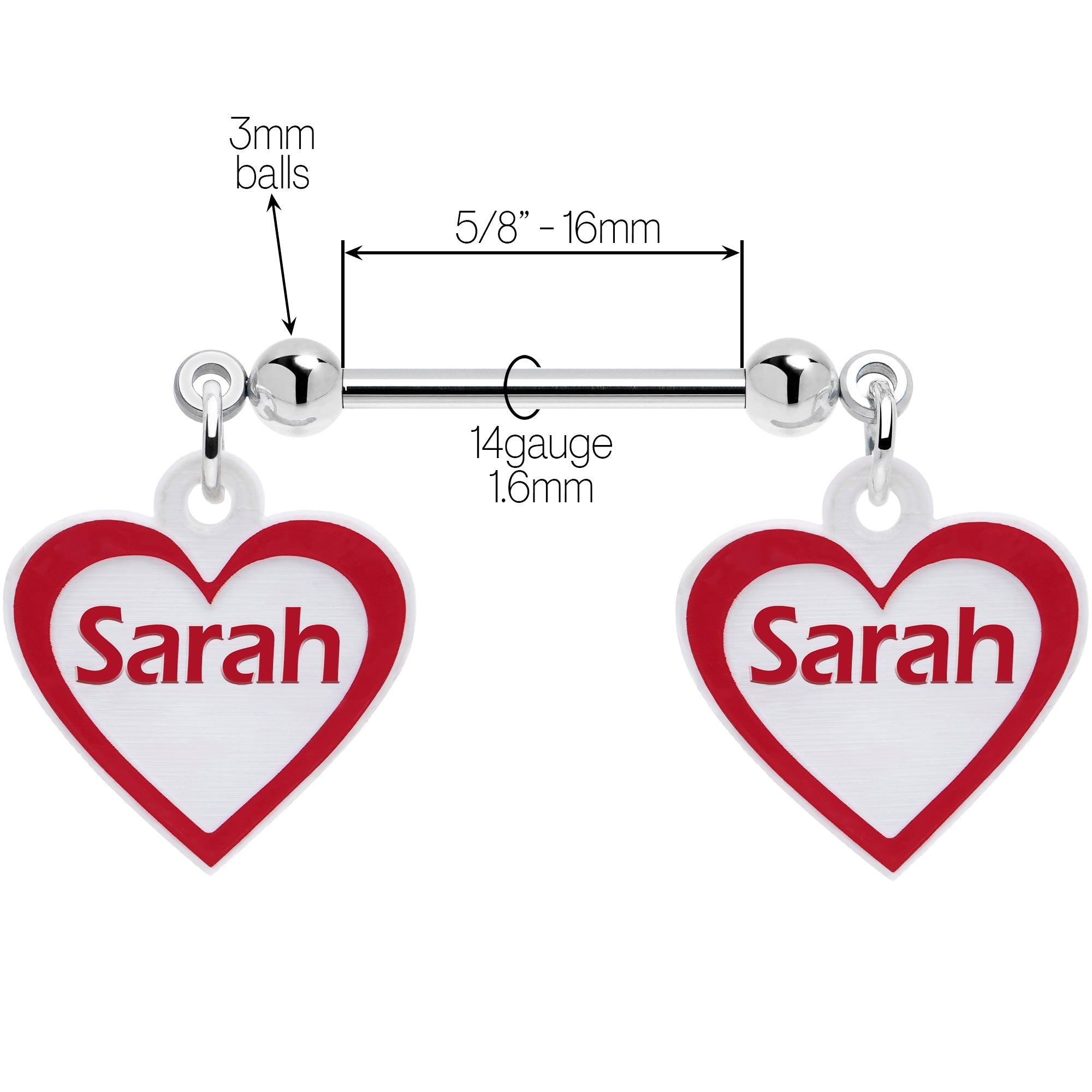 BodyCandy Custom Red White Heart Double Personalized Name Dangle Nipple Ring Set — side view
