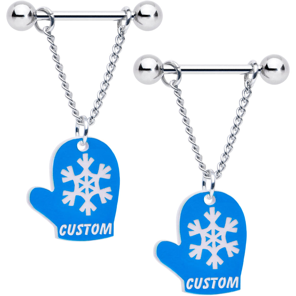 BodyCandy Custom Holiday Mittens Personalized Dangle Barbell Nipple Ring Set — side view