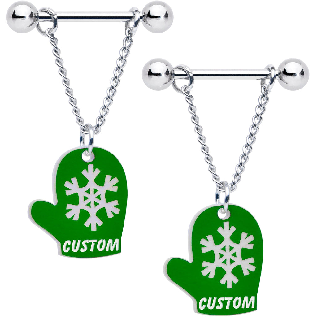 BodyCandy Custom Holiday Mittens Personalized Dangle Barbell Nipple Ring Set — alternative angle